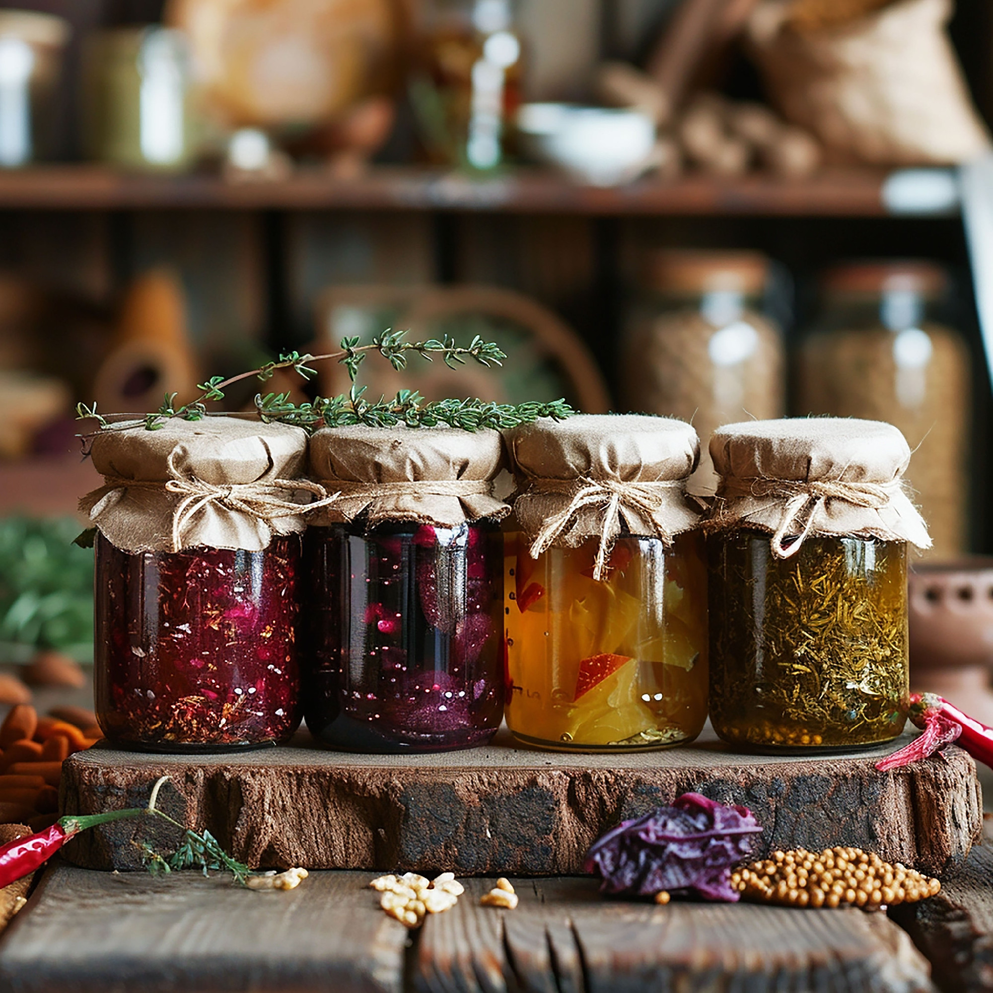 Various jars of honey on a wooden background