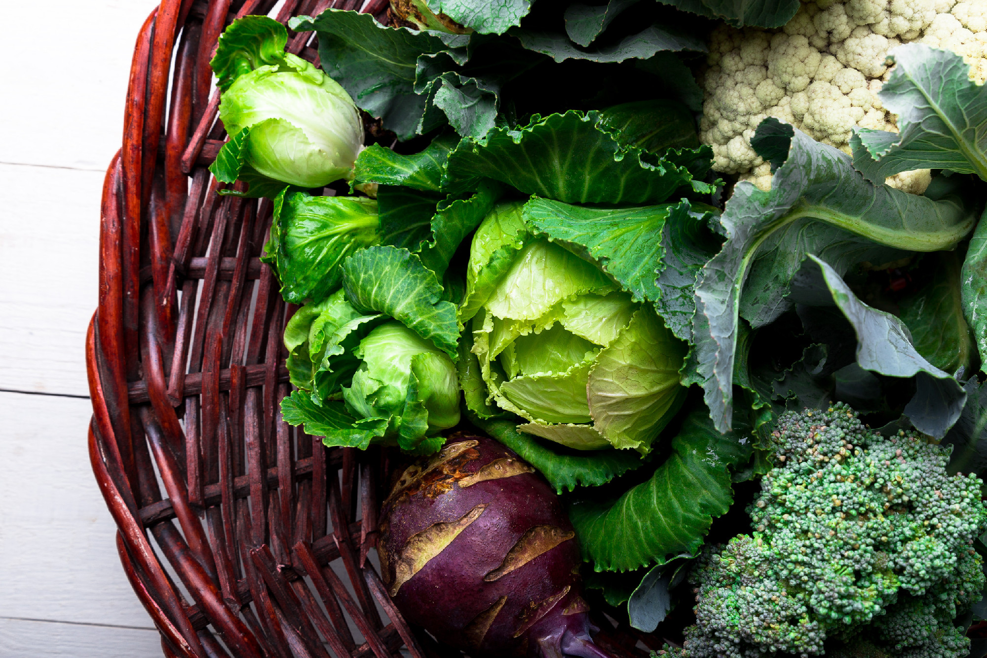 Various of Cabbage Broccoli Cauliflower. Assorted of Cabbages in Basket.