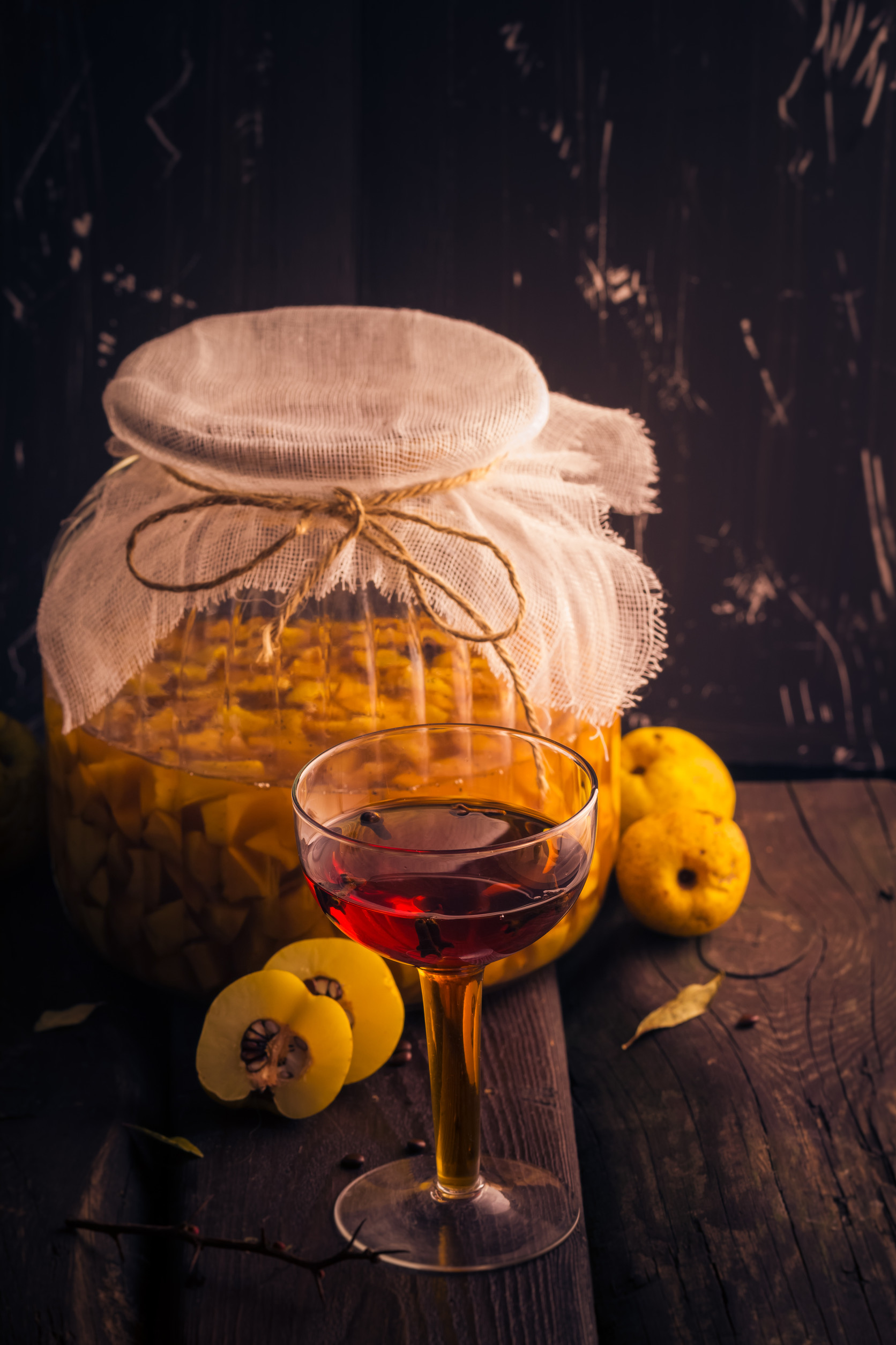 Tincture cup sliced fruit quince jar covered sugar
