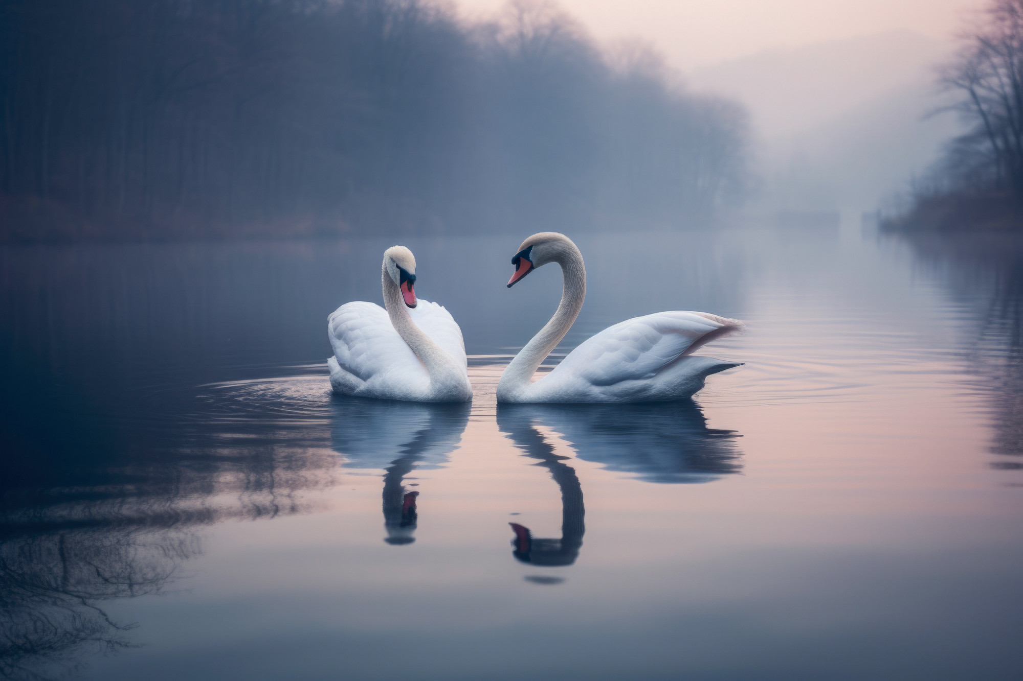 two swans floating together on a still lake