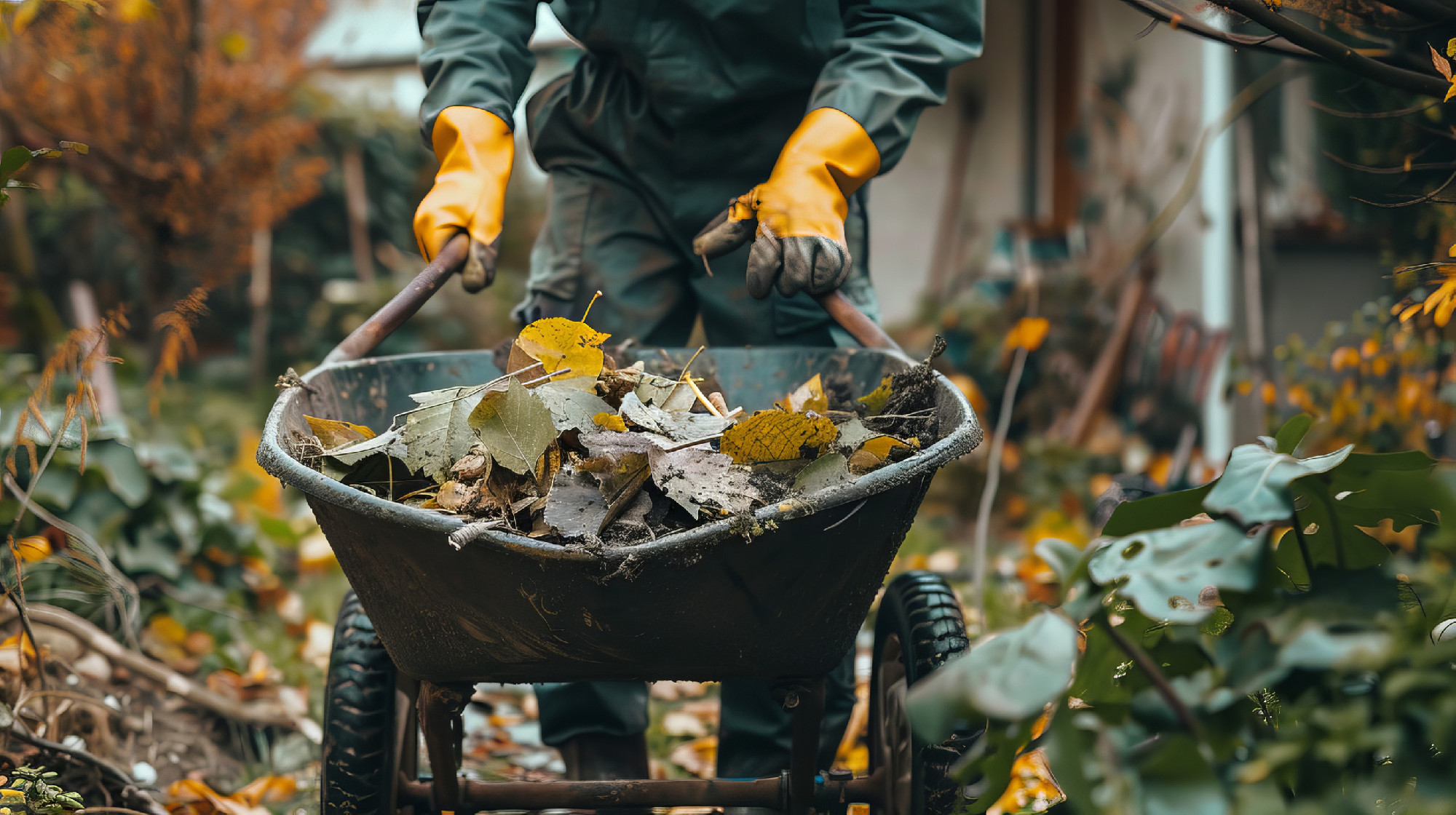 Landscape Worker Collecting Autumn Leaves into Wheelbarrow in Garden. Concept of Seasonal Yard Maintenance, Outdoor Labor, Environmental Clean-up.