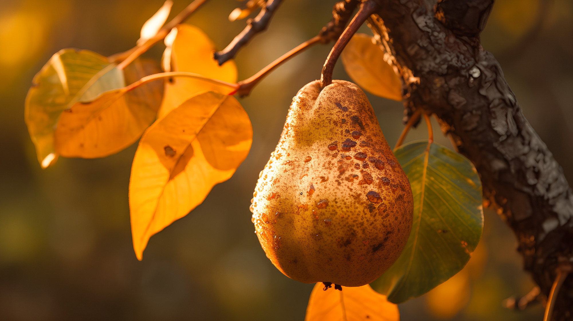 Ripe pears on the tree in autumn. Selective focus.
