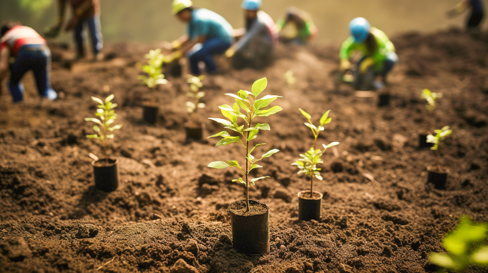 People planting seedlings close up