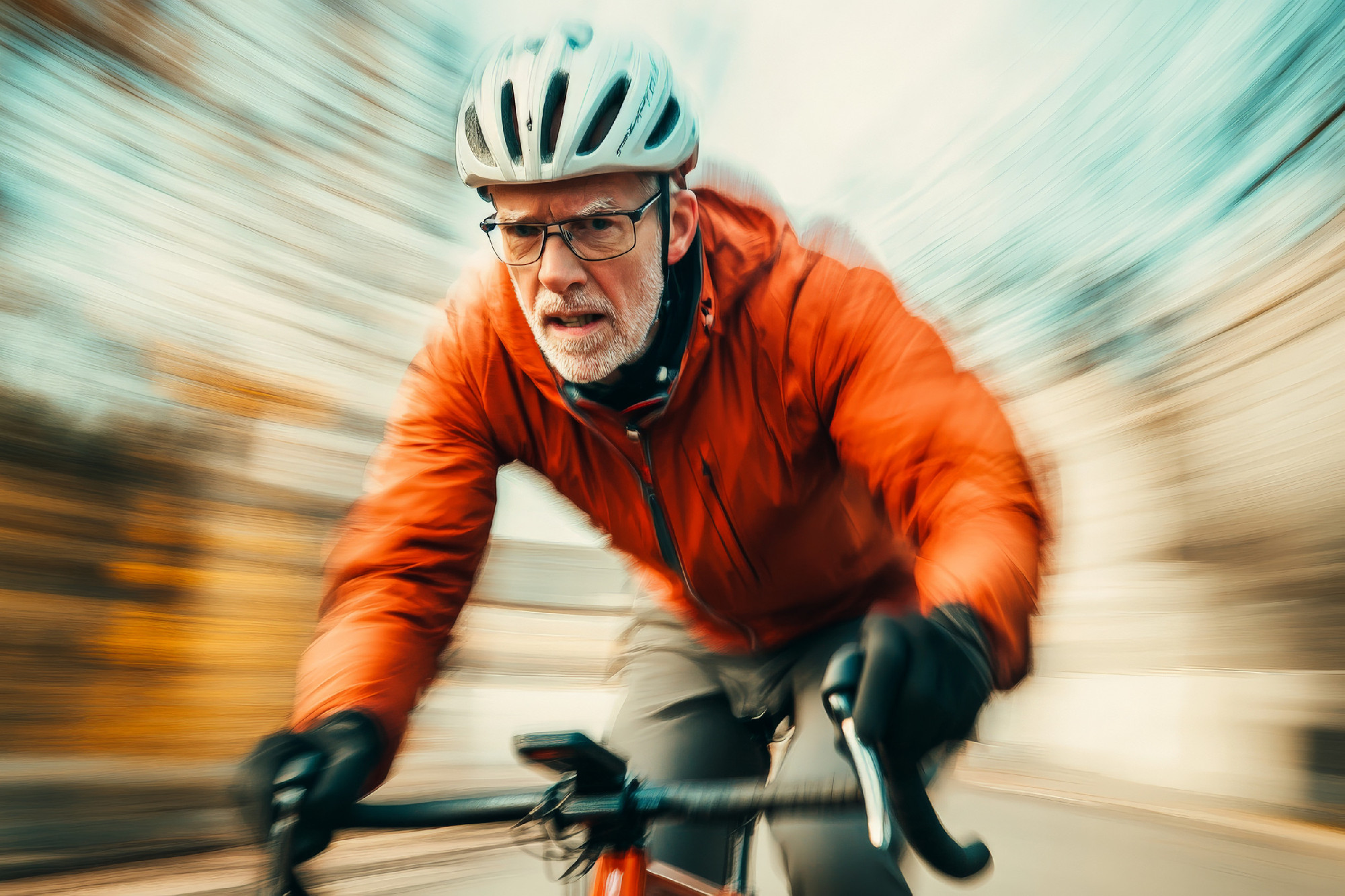 A senior Caucasian cyclist rides swiftly on a gravel bike, gripp
