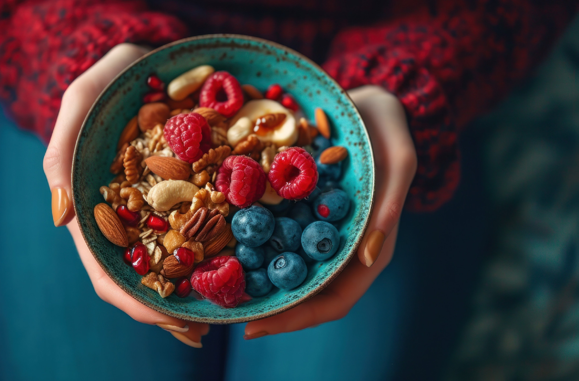 eating a bowl of healthy nuts and fruit