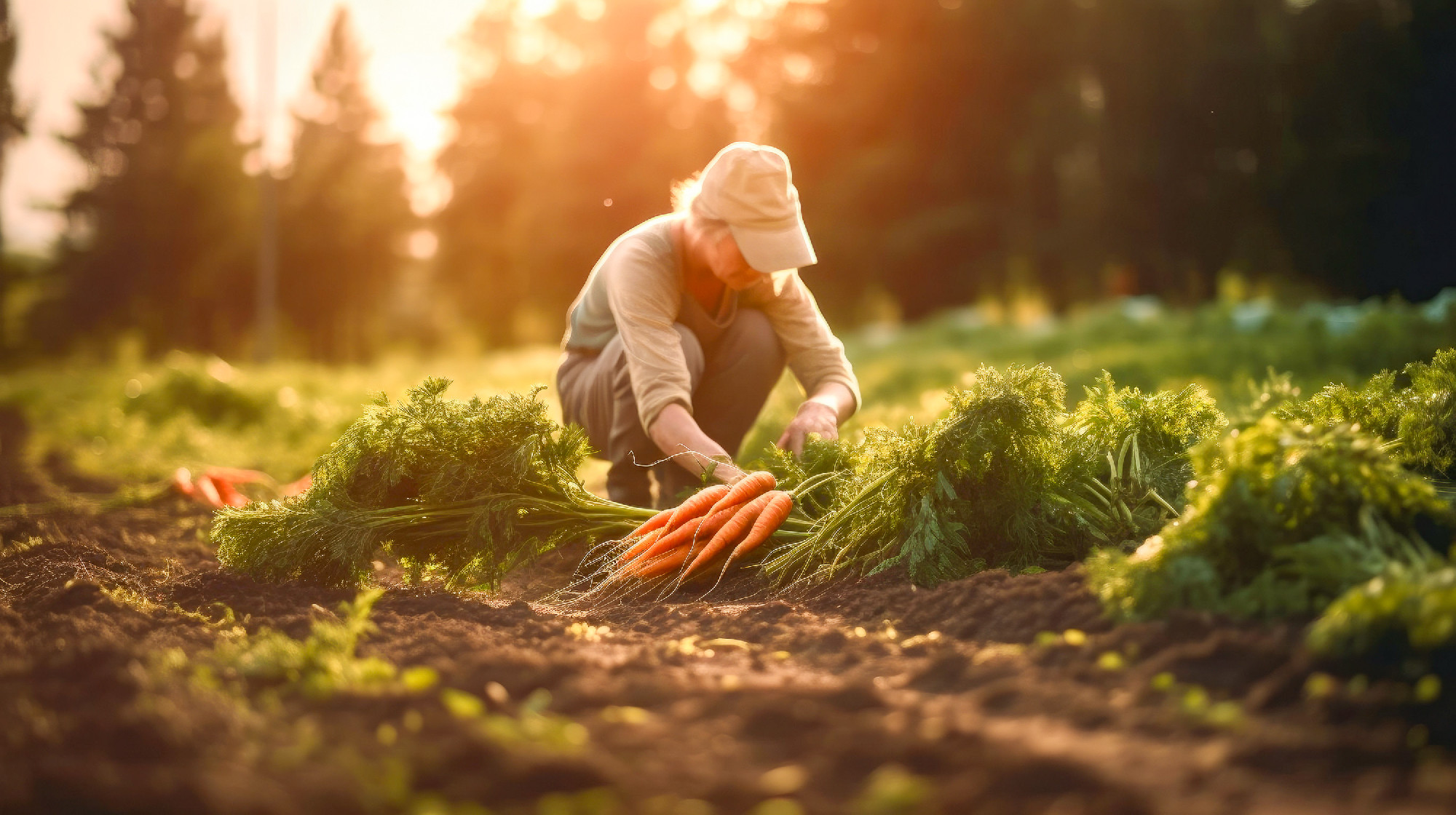 A farmer picked carrots on the soil in a field, agriculture, car