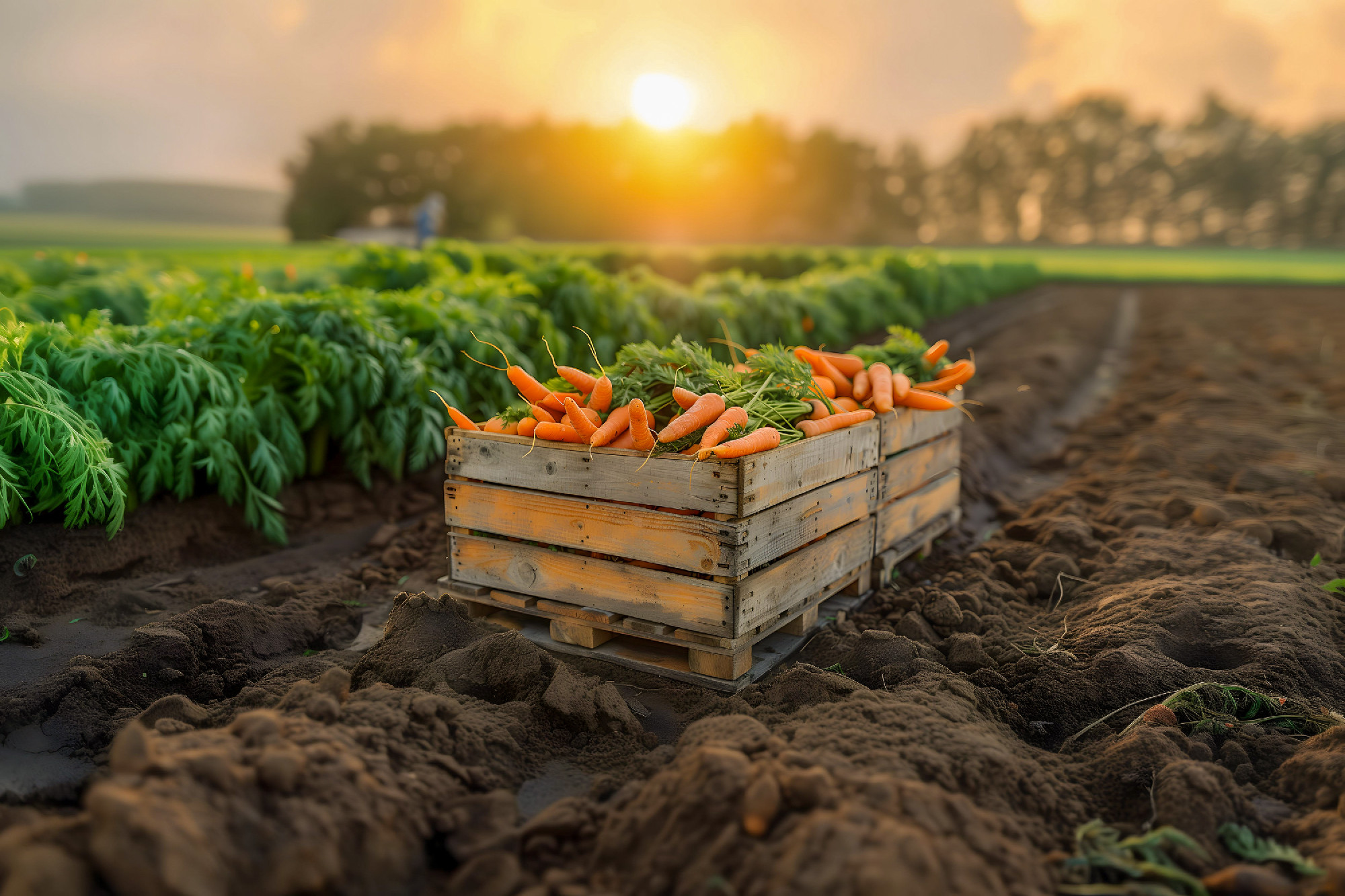 Crates of ripe juicy carrots stand in the middle of a field. Har