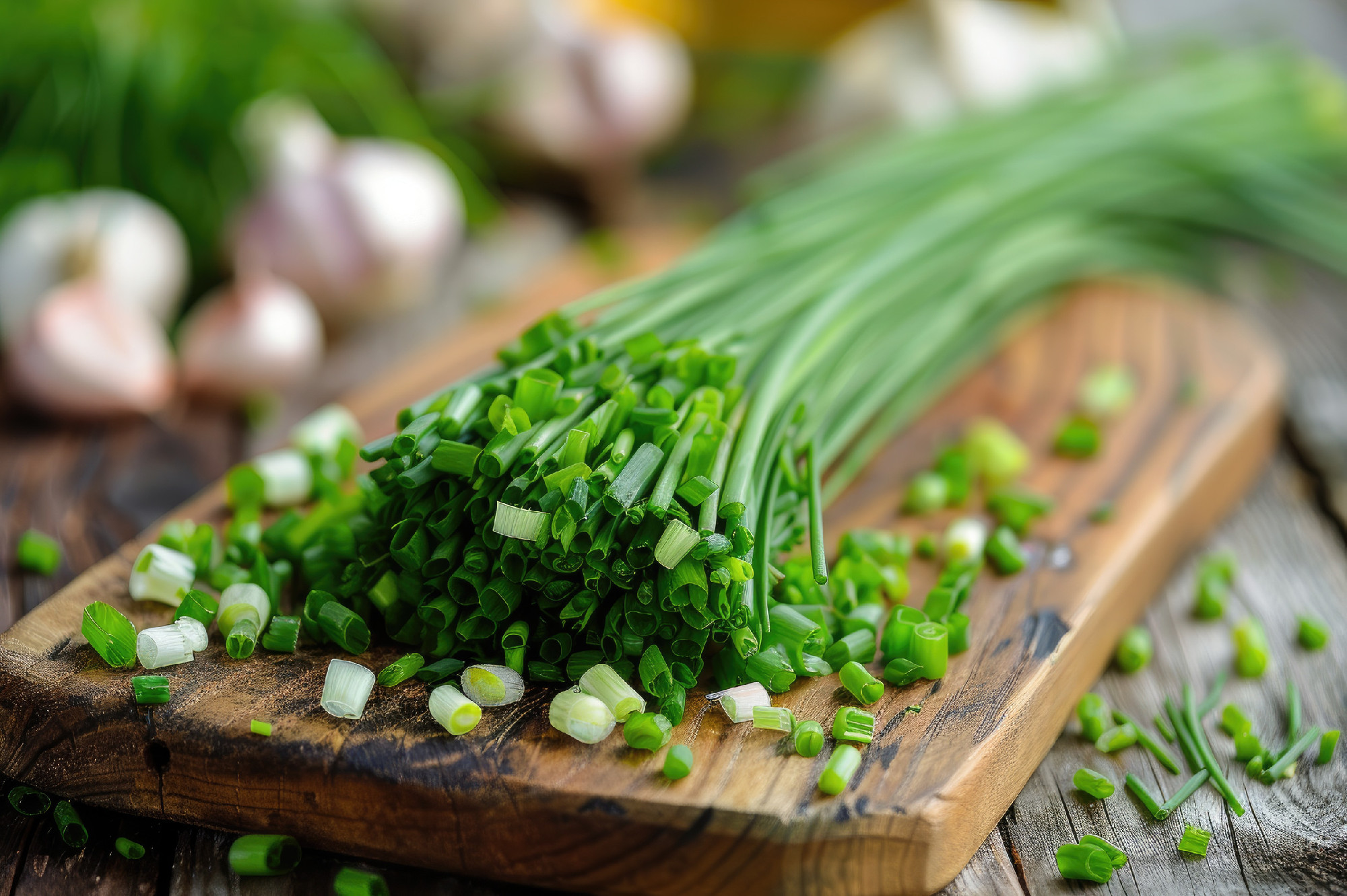 Bunch of fresh chives on a wooden cutting board