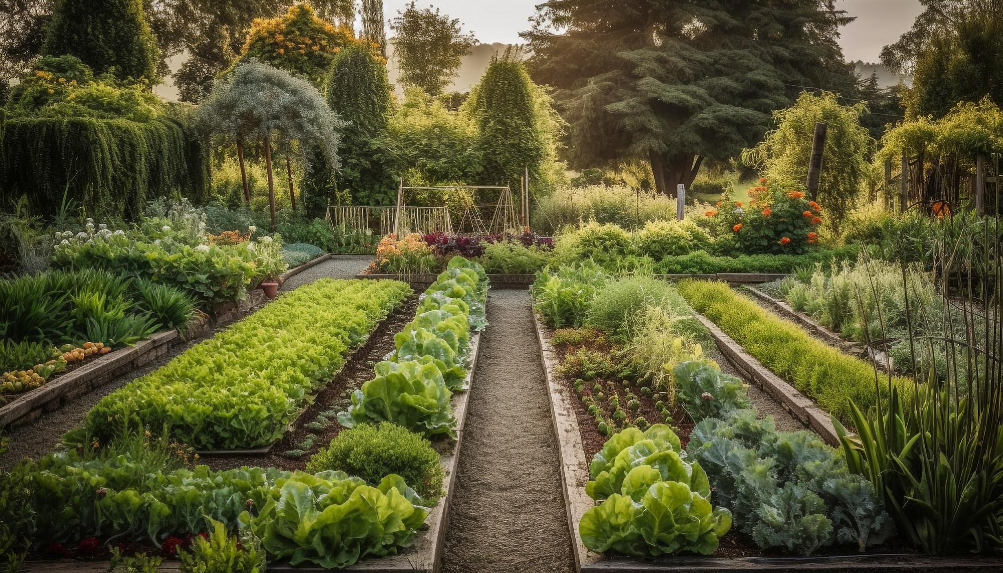Fresh green foliage adorns the formal garden footpath in summer 