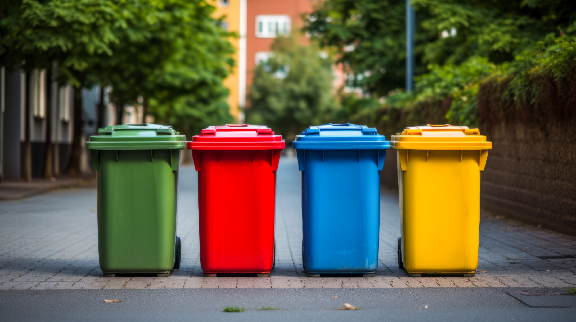 a row of colorful trash cans