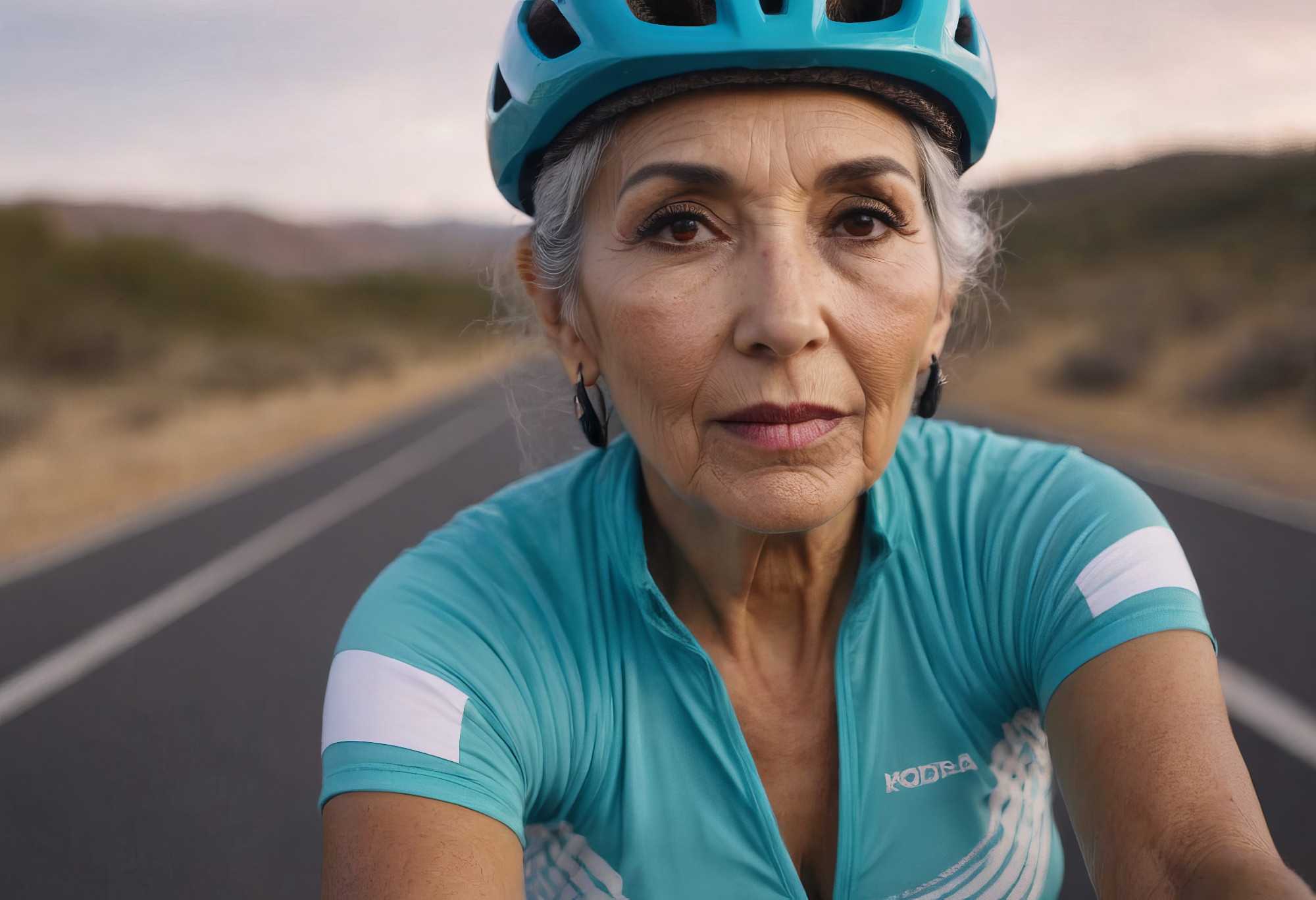 An elderly female cyclist riding a bicycle. An active elderly grandmother enjoying a healthy lifestyle and freedom