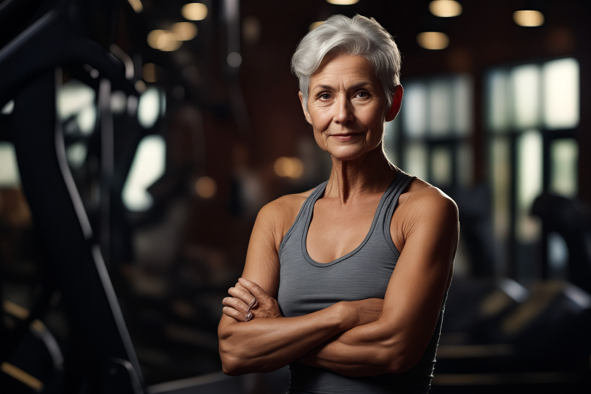 Woman with her arms crossed in gym setting with treadmill. Generative AI