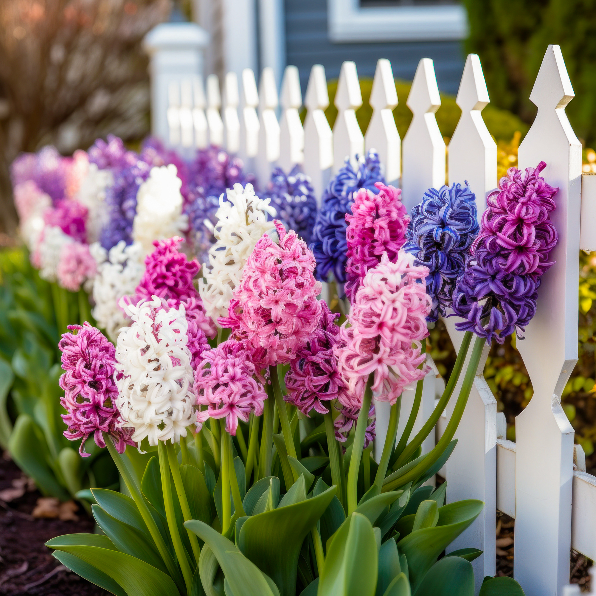 A garden bed full of purple and white hyacinths with a white pic