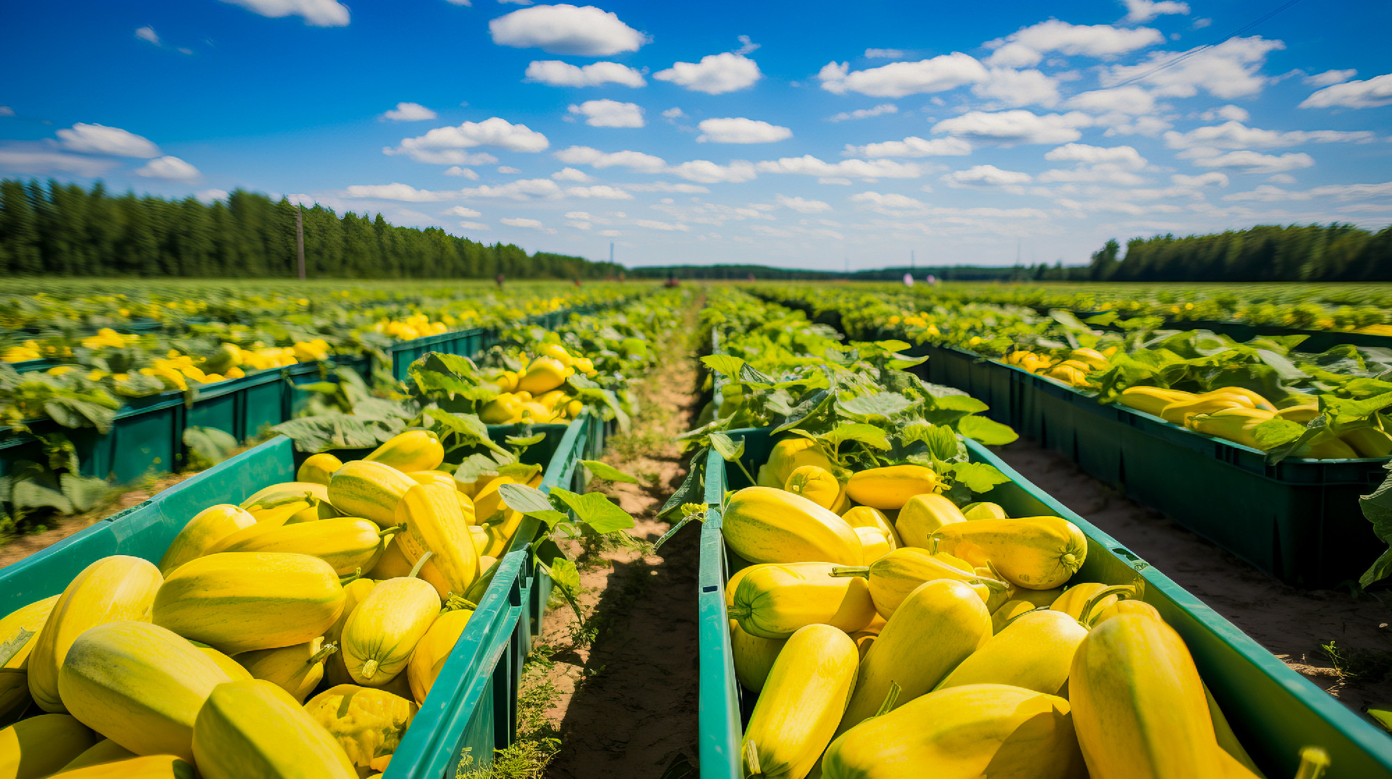 Beautiful and plentiful summer squash harvest growing on a spaci