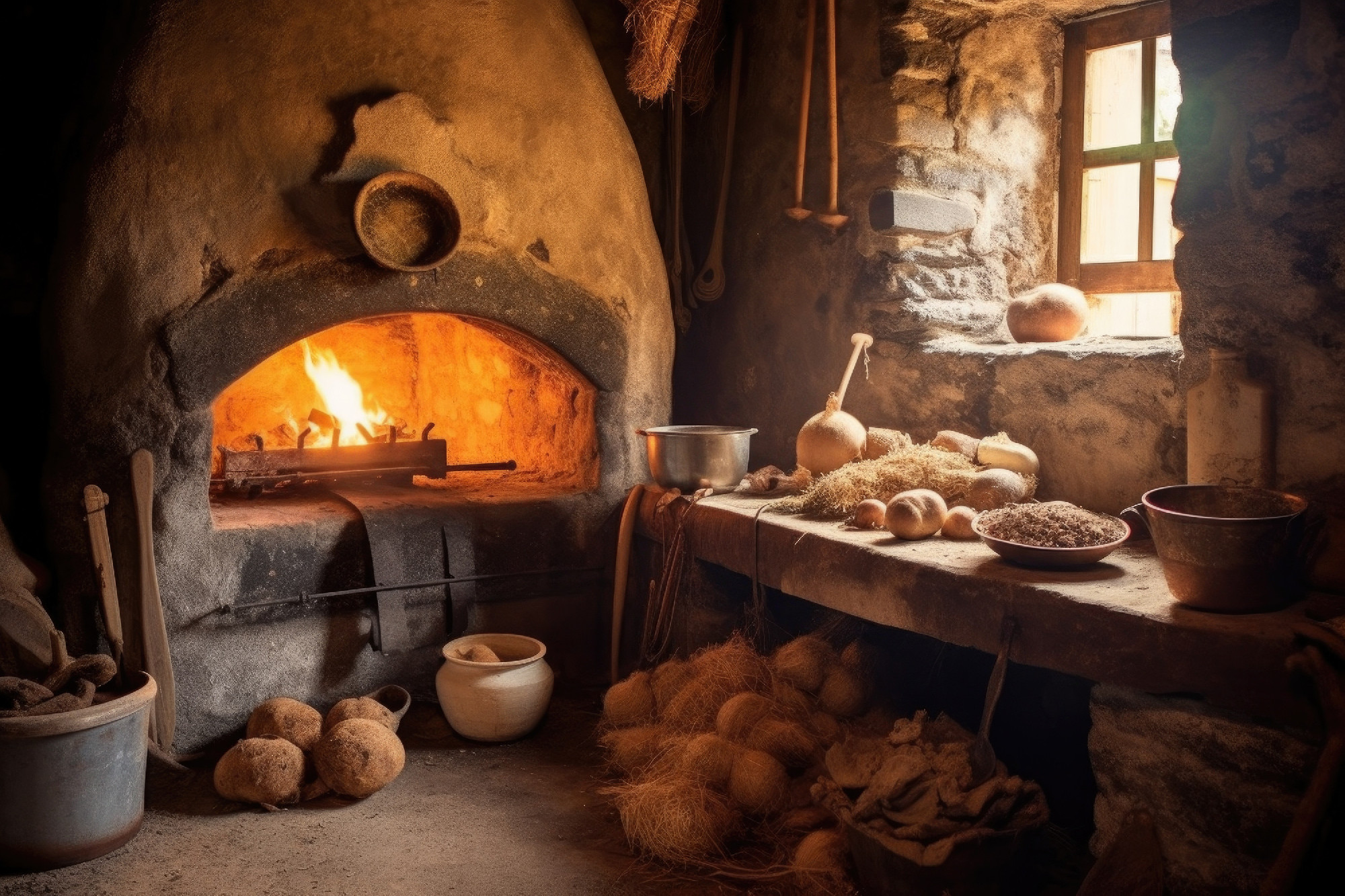 traditional stone oven with bread baking on a hearth