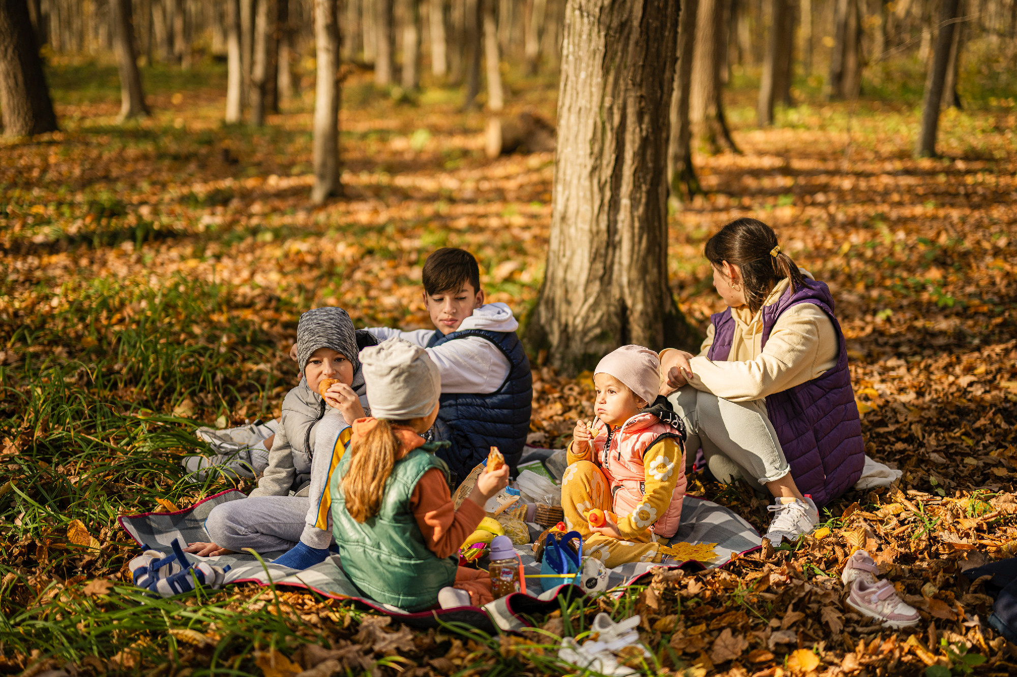 Mother with kids in family picnic at autumn forest. 