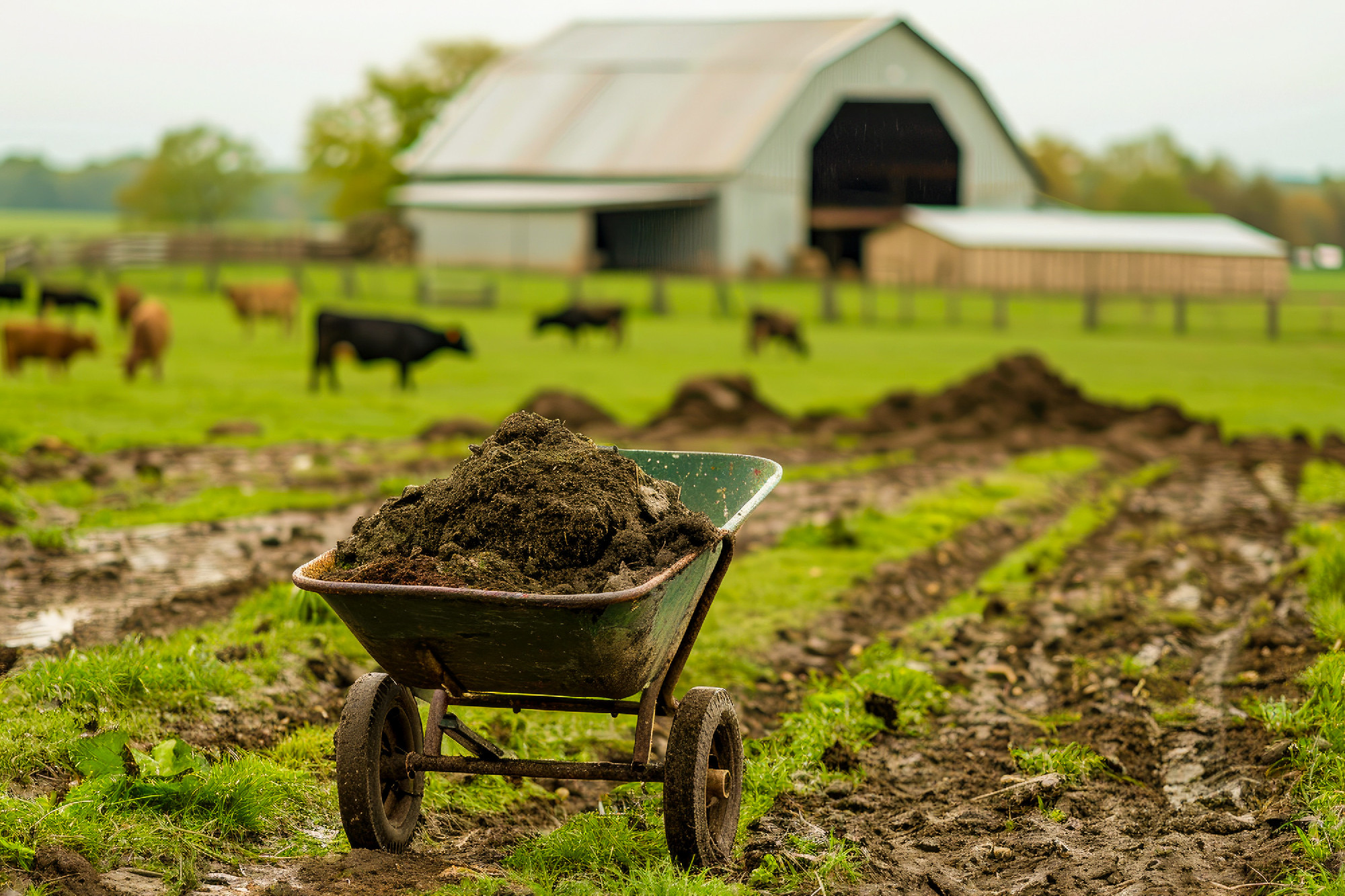 Wheelbarrow with natural cattle manure on the grass. Barn in bac