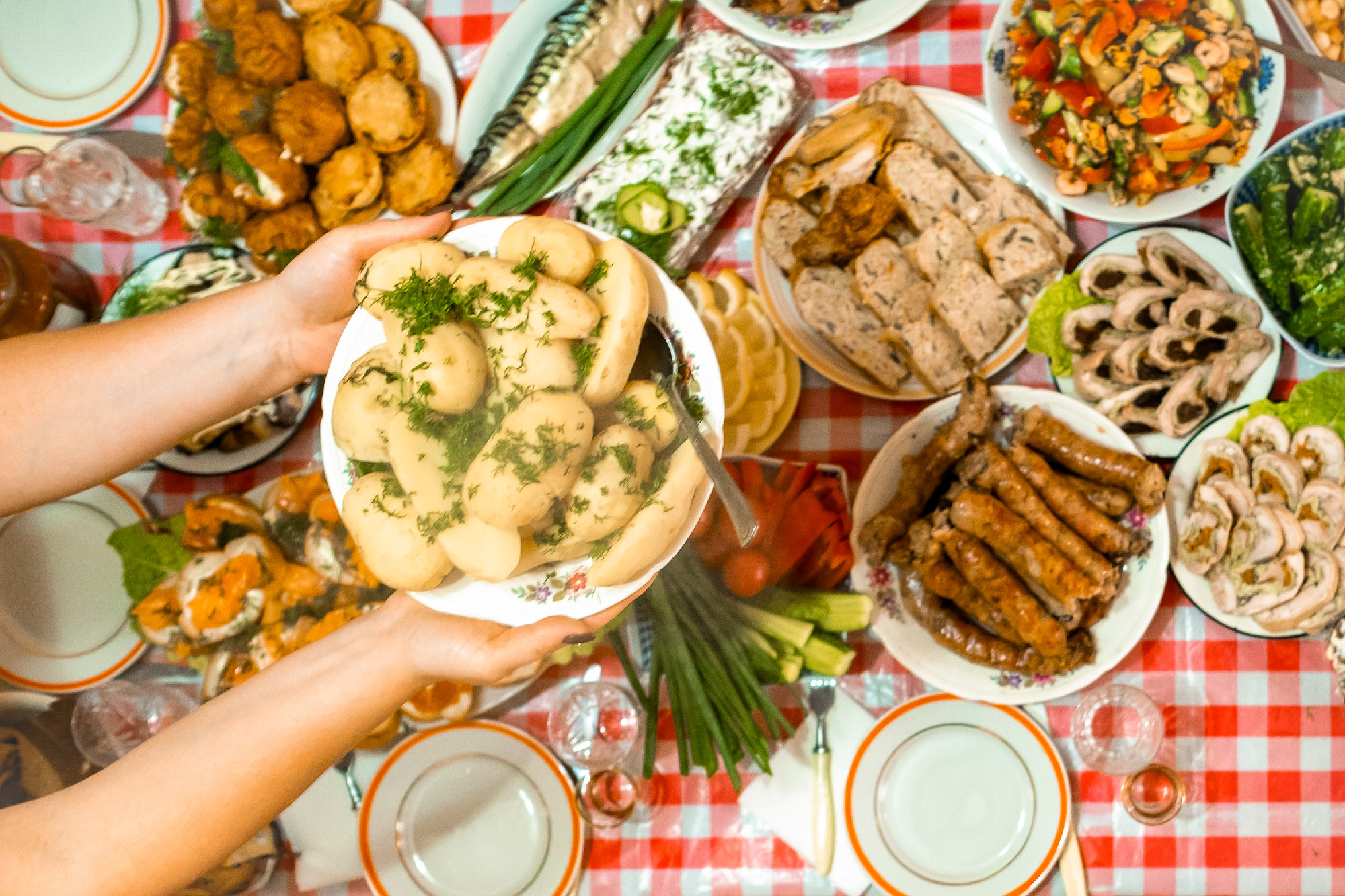 A lot of different food on the Banquet table and served boiled p