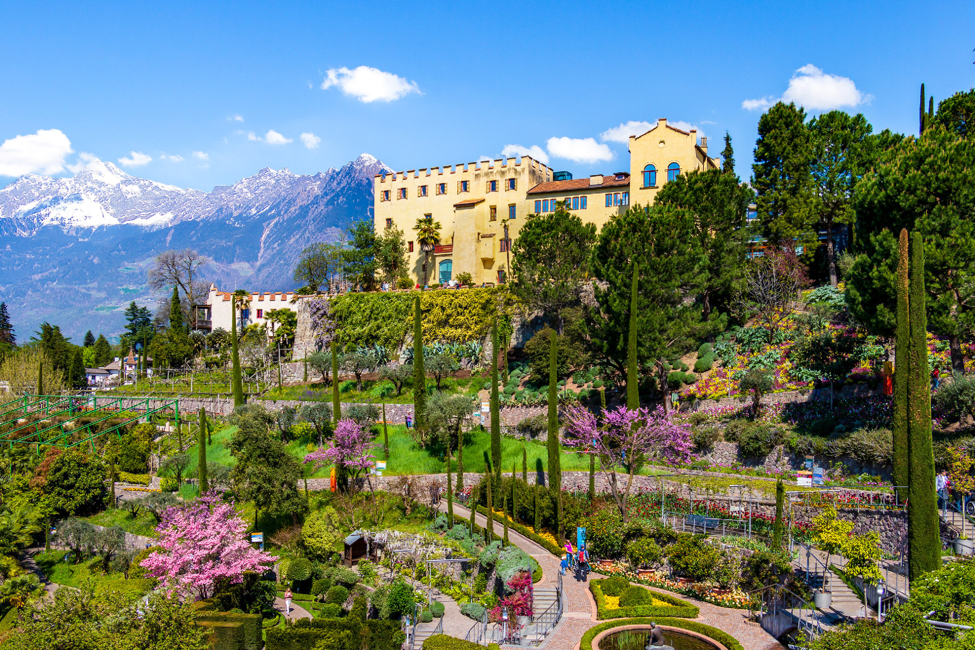 Panoramic view on Castle and botanical gardens of Trauttmansdorf