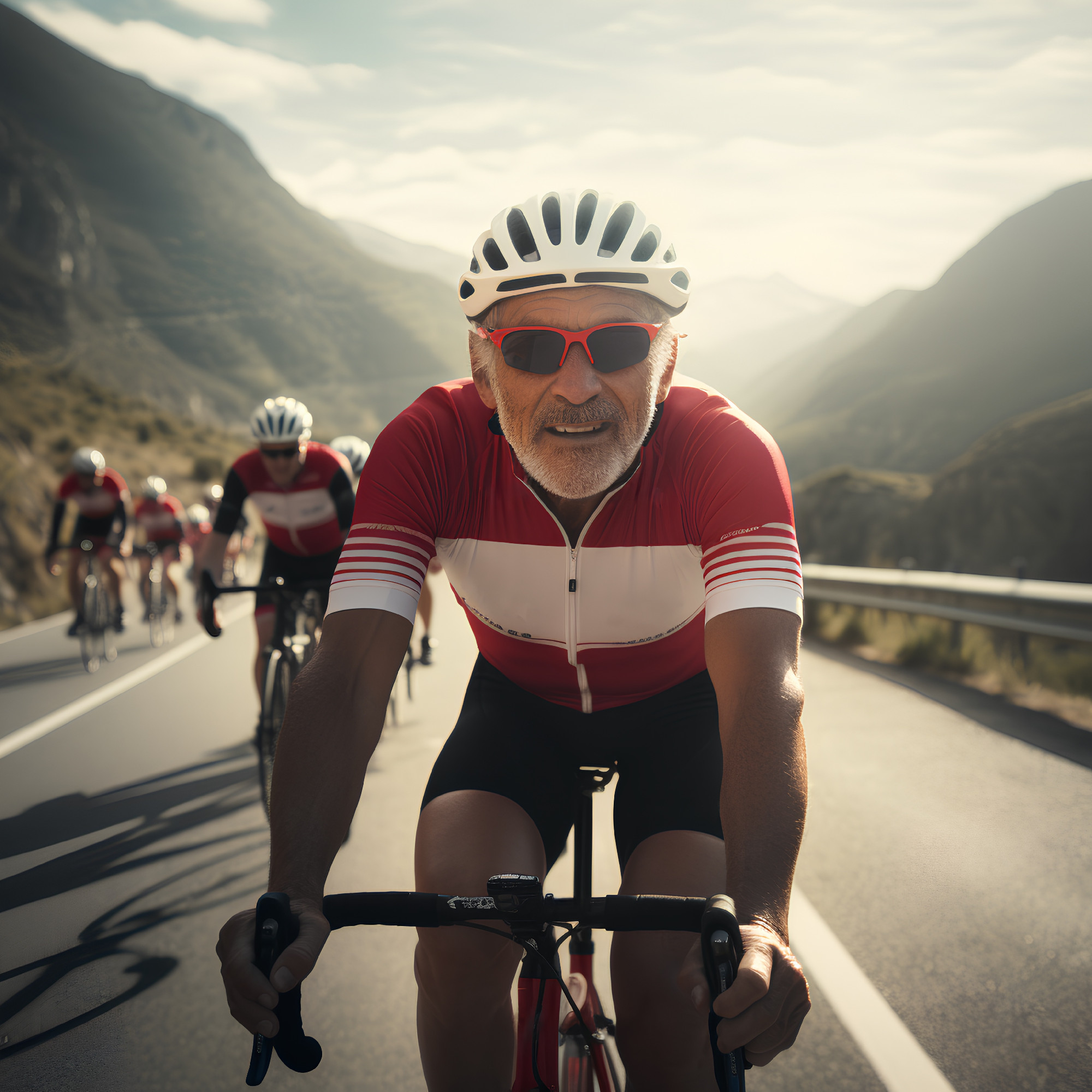 Cyclist Riding the Bike on the Road in the Swiss Alps