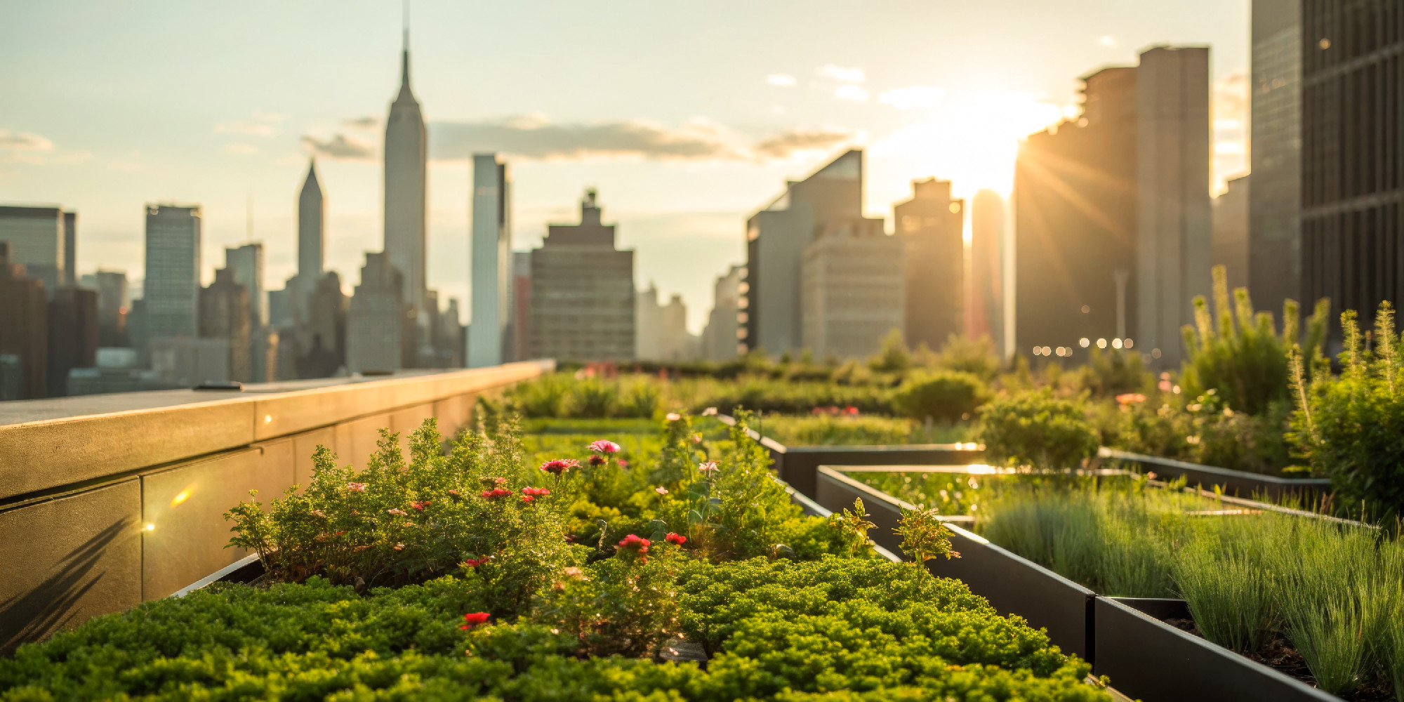 Urban rooftop garden with skyline view during sunset in New York