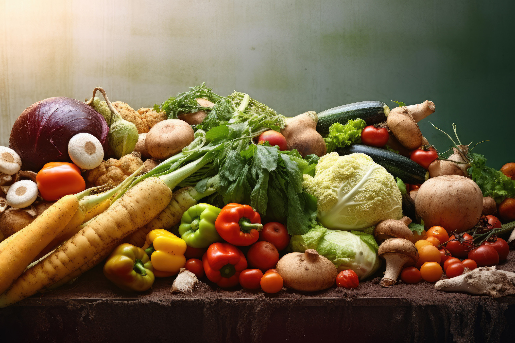 Variety of fresh vegetables arranged on table. This image can be