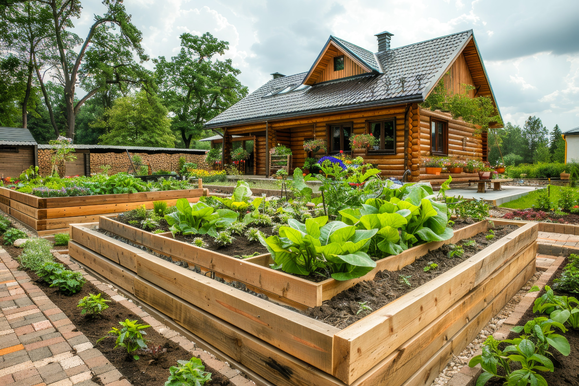 Wooden raised beds in modern garden for plants, herbs, spices, a