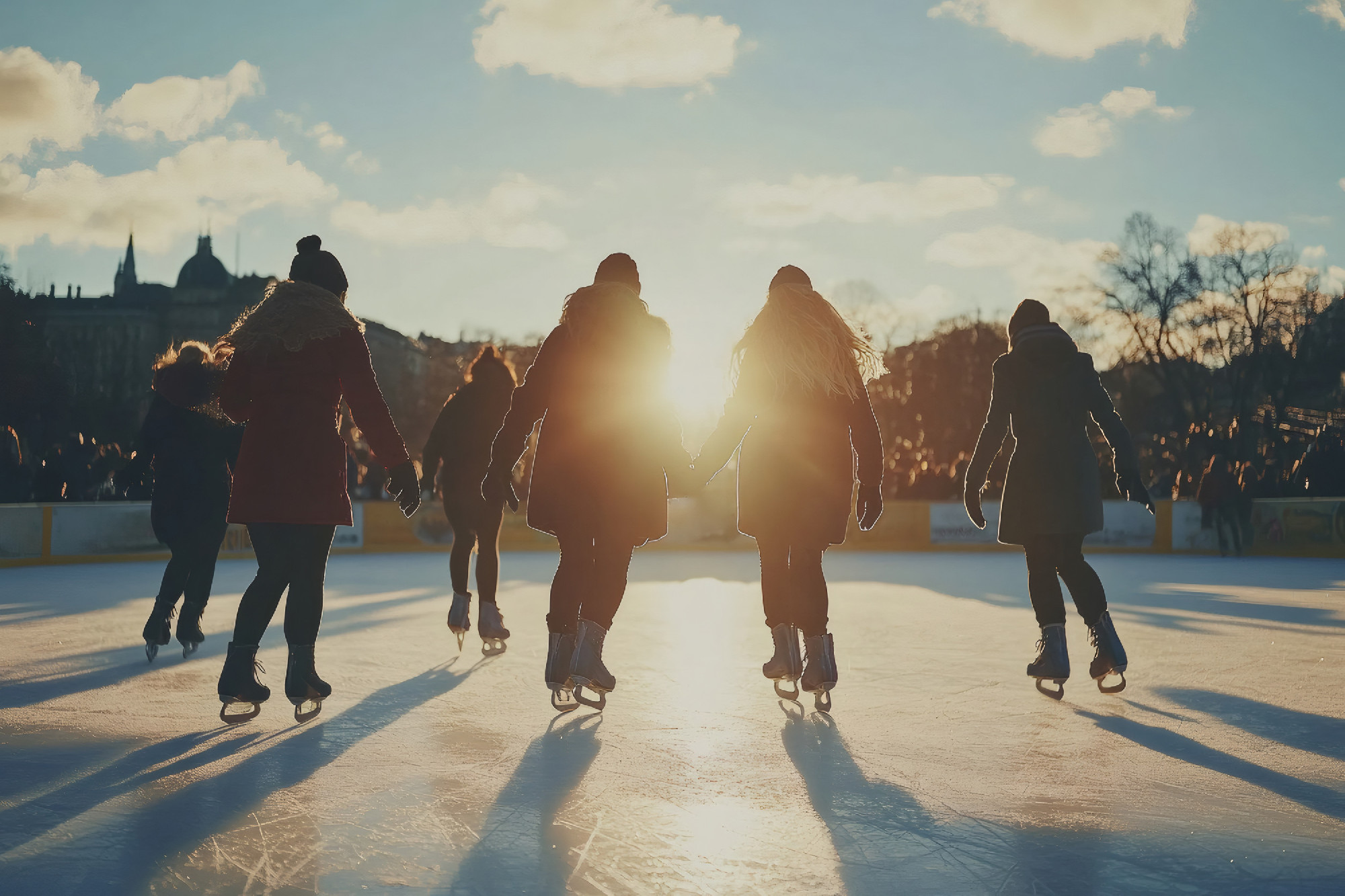 Friends enjoying ice skating together on a sunny winter afternoo