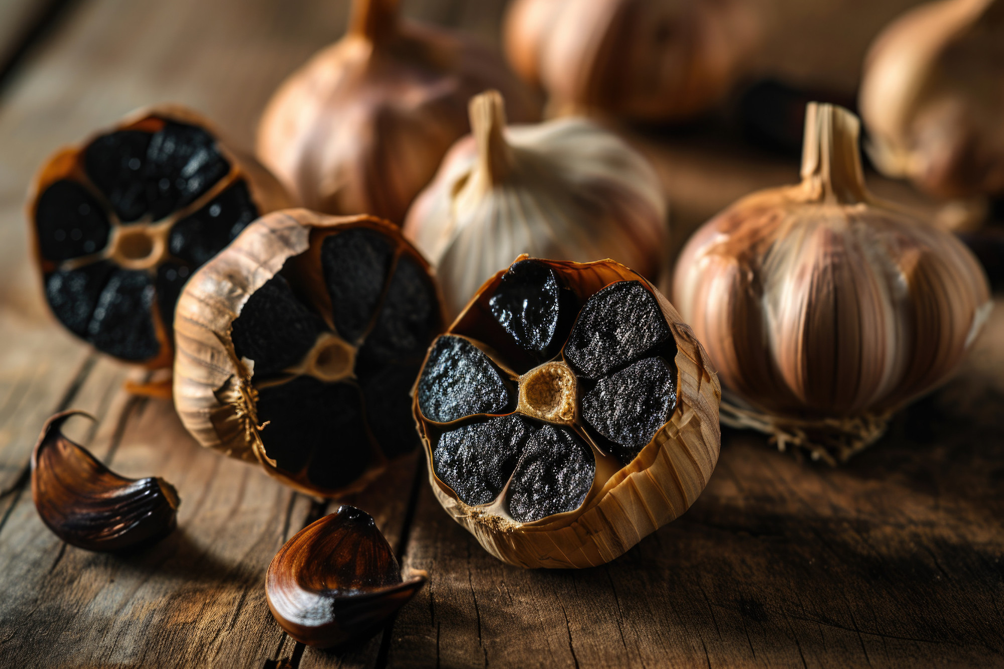 A close-up reveals halved black garlic bulbs with their rich, bu