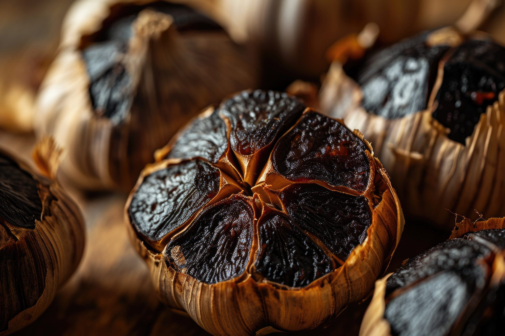 A close-up reveals halved black garlic bulbs with their rich, bu