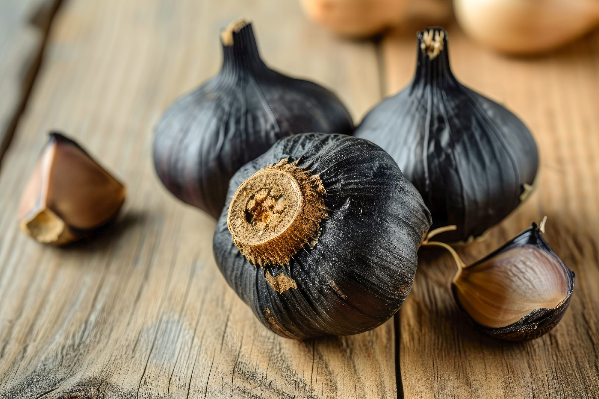 A group of garlic cloves arranged neatly on top of a wooden tabl