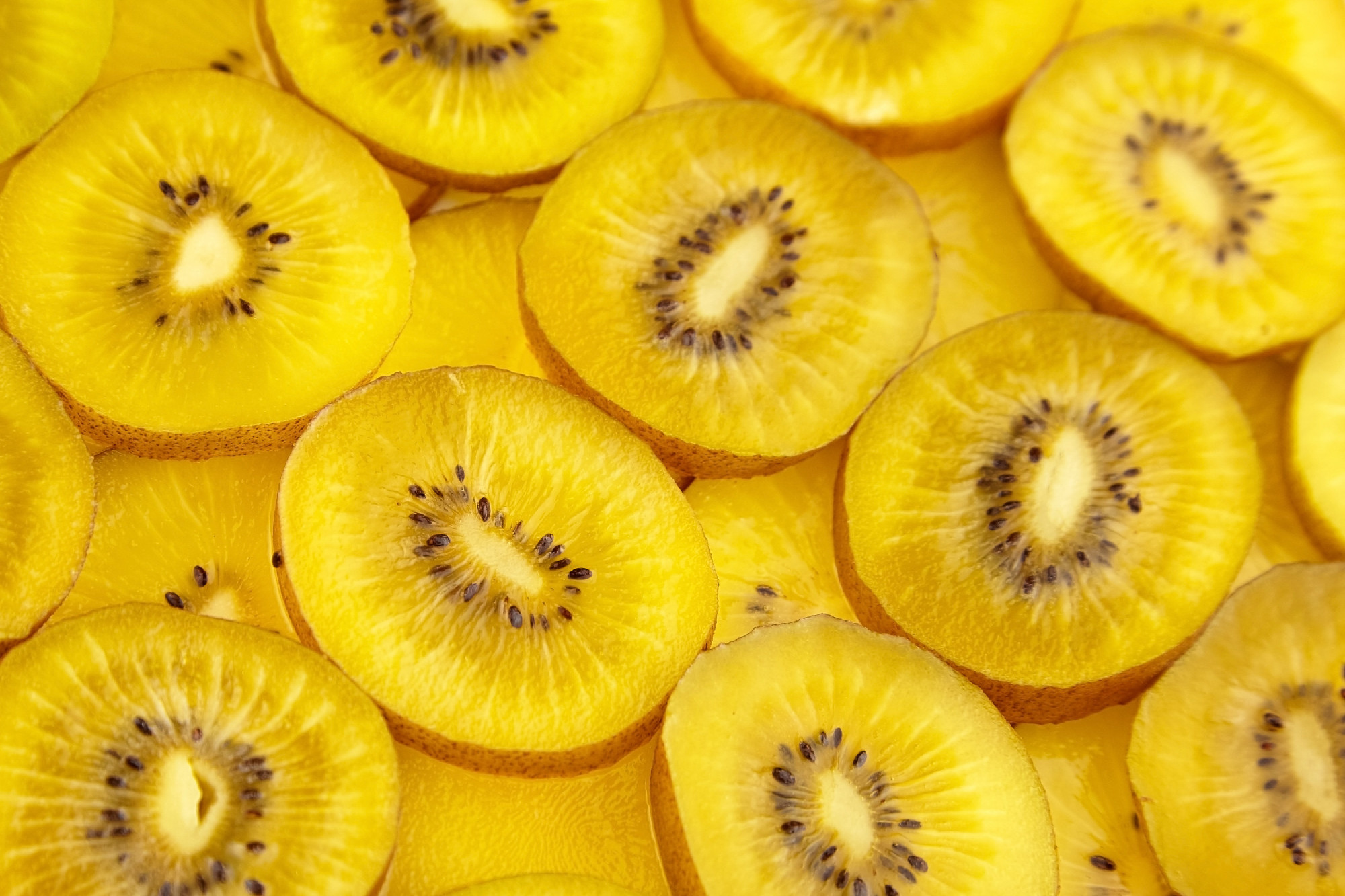 Kiwi Gold fruit background. Yellow kiwi slices with black seeds,