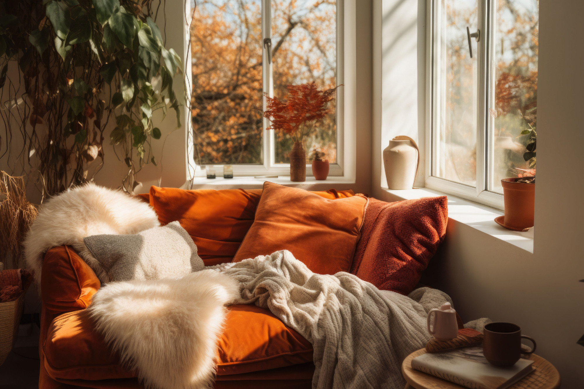 Cozy corner with plush cushions, blankets and autumn accents. AI