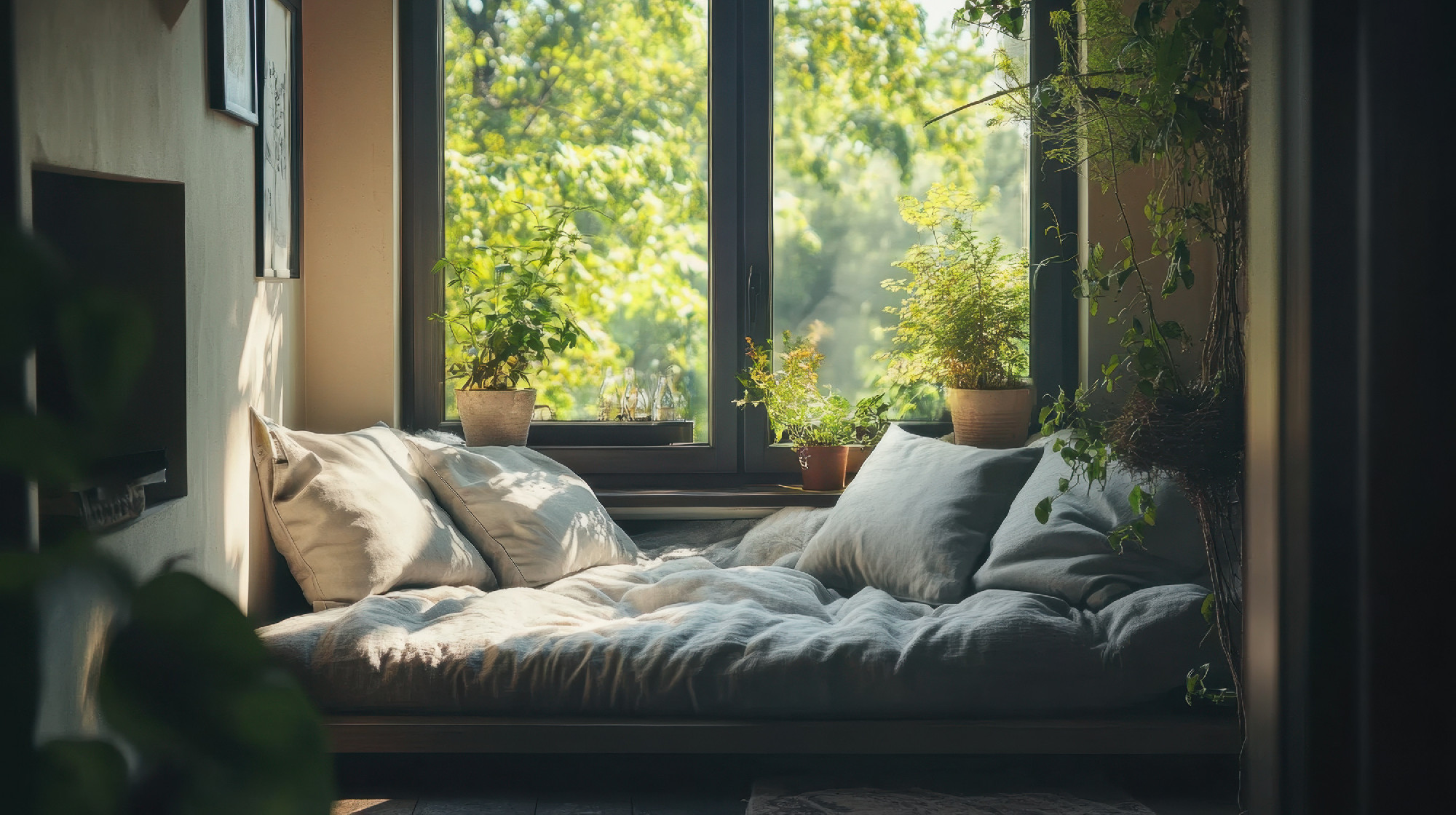 Cozy window nook with small decorative plants and soft cushions