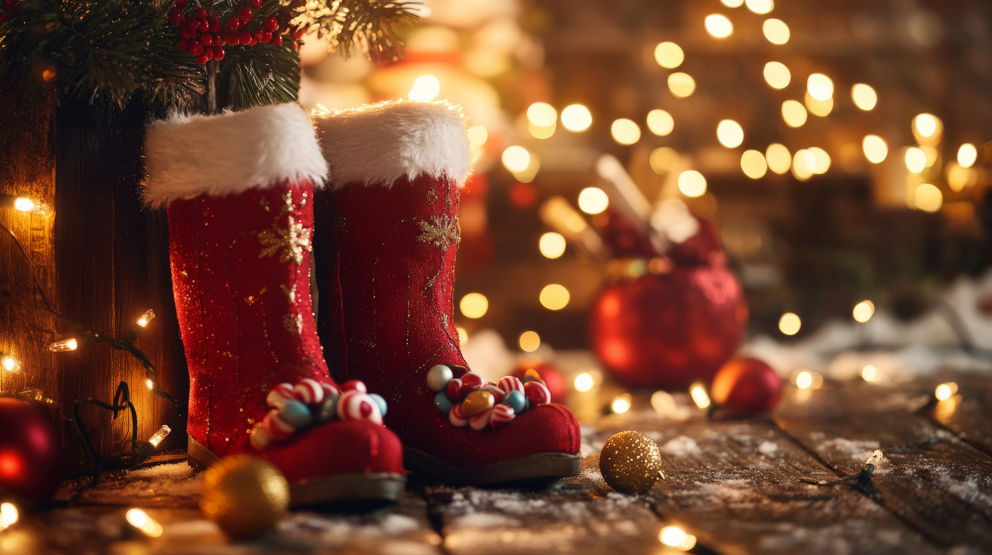 A Saint Nicholas-themed podium with candy-filled boots, stocking