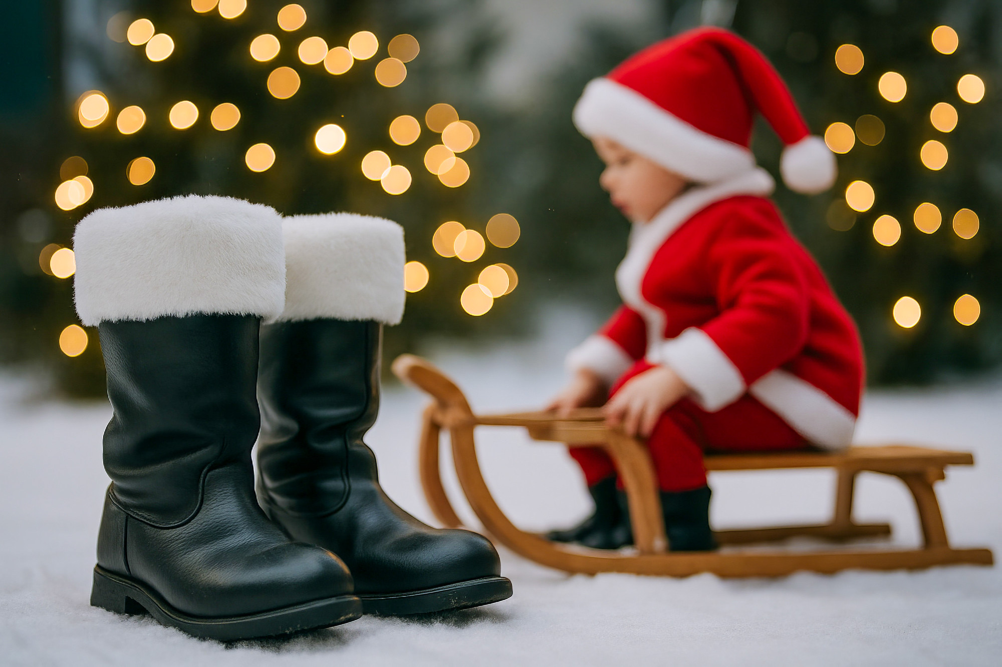Santa boots near sleigh with child in santa costume on snowy bac