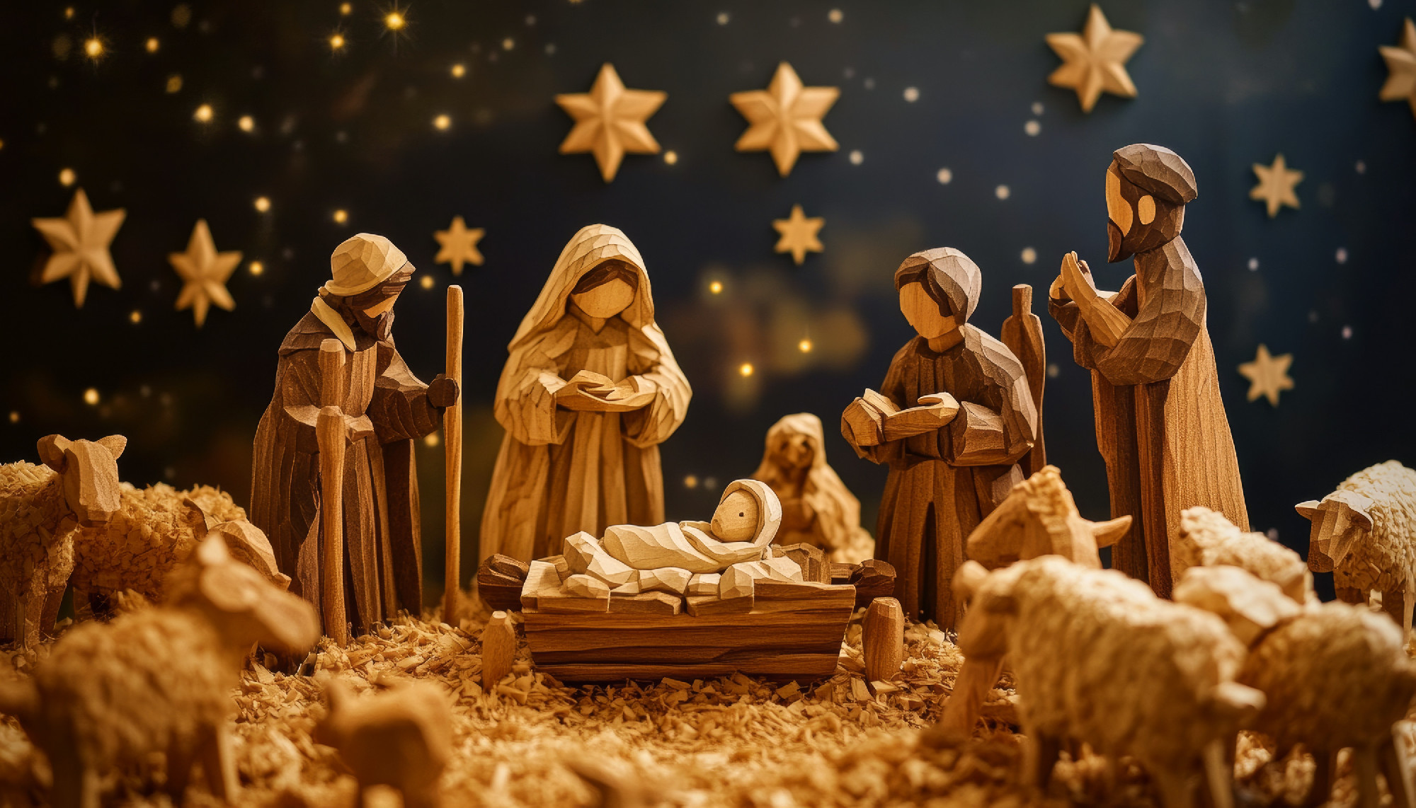 Detailed nativity scene with wooden figures of mary, joseph, wis