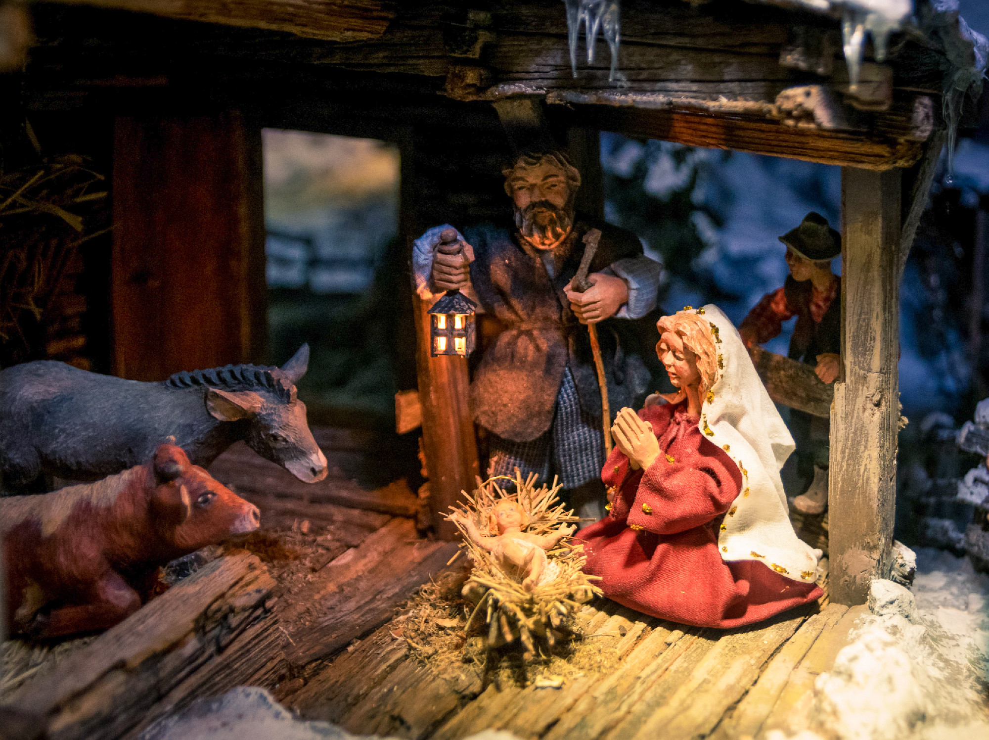 Wooden Christmas cribs detail.