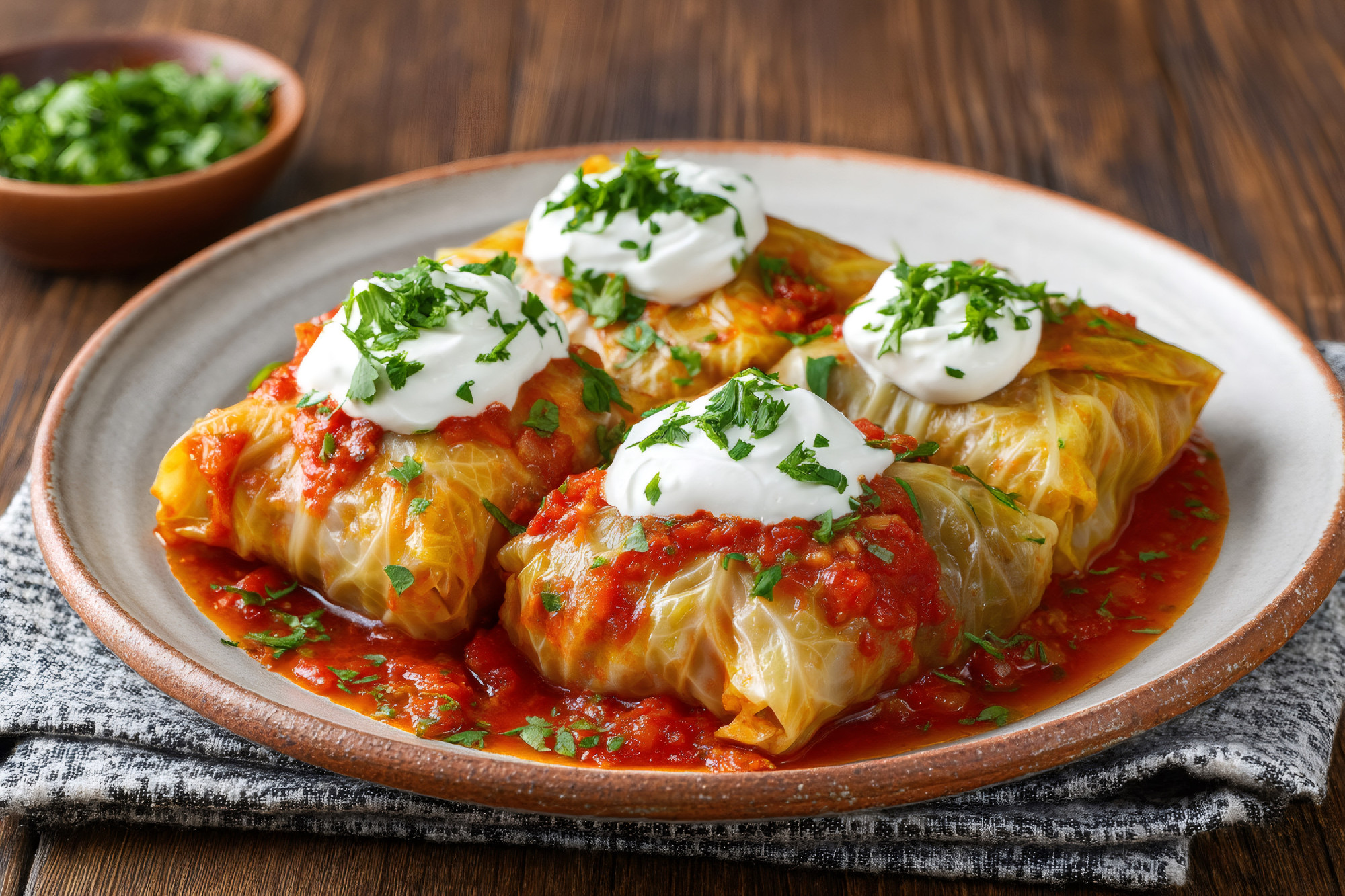 Cabbage rolls topped with sour cream and parsley resting on a pl