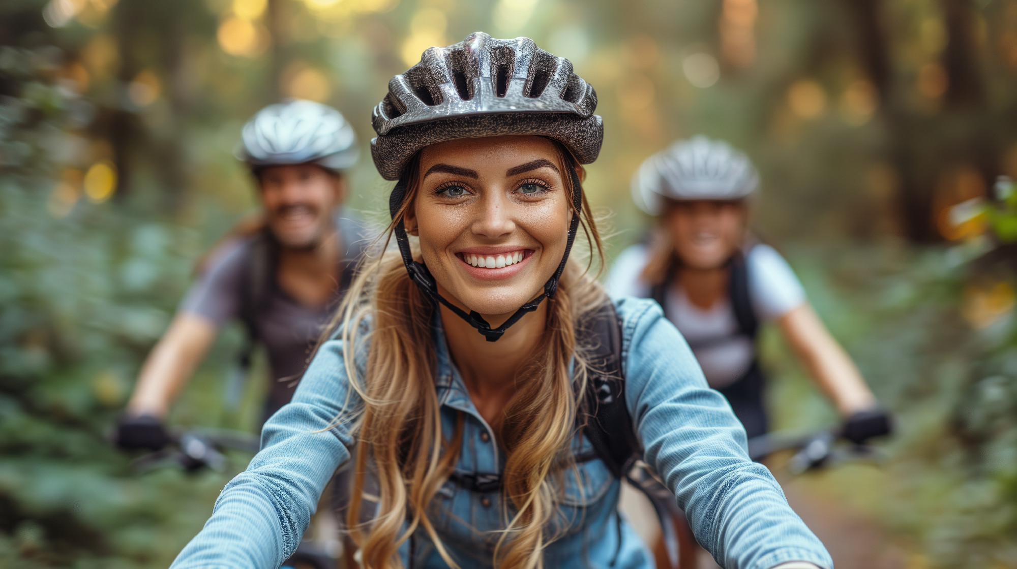 Woman Riding Bike Down Forest Trail
