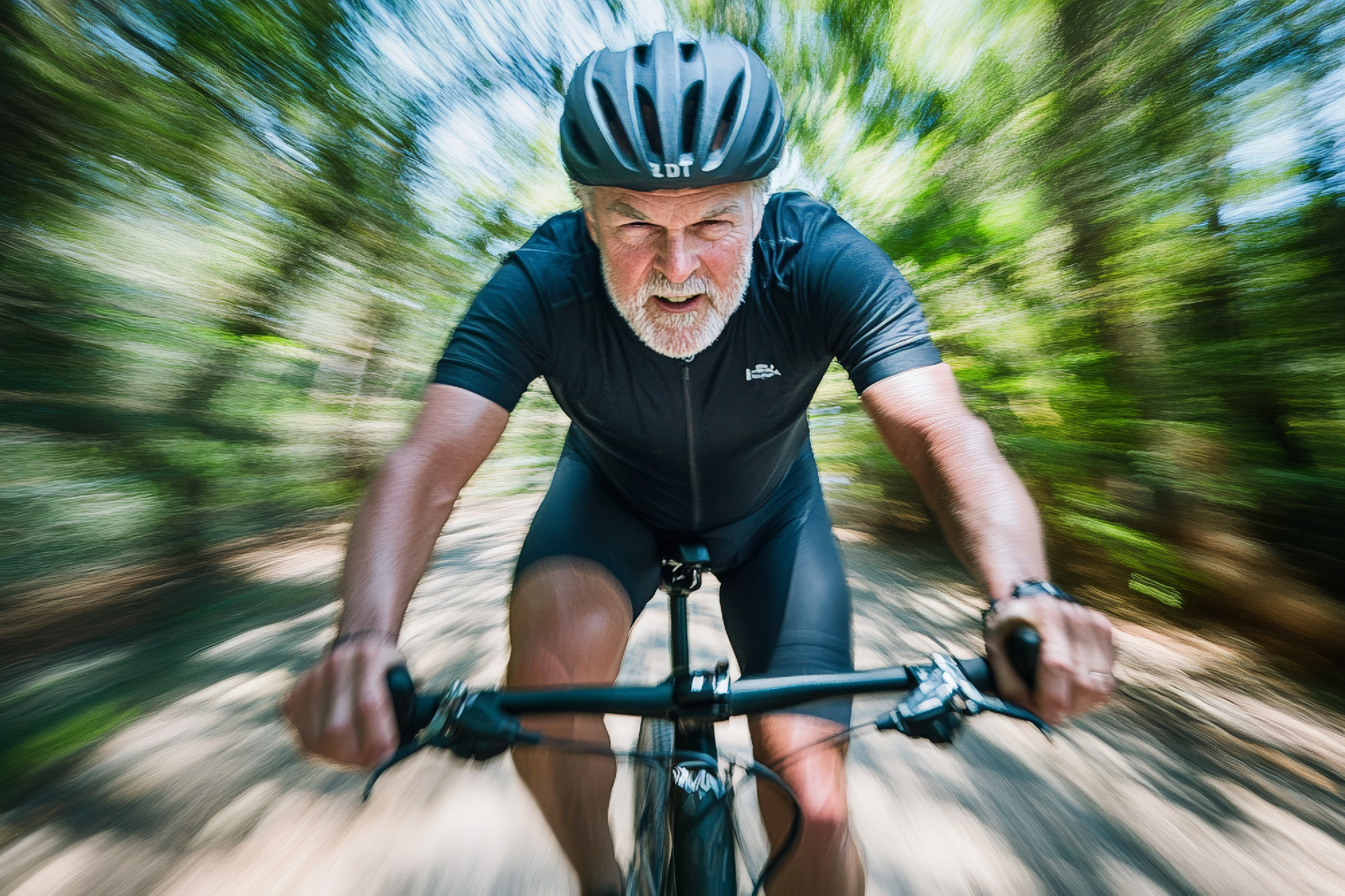 A senior Caucasian cyclist rides swiftly on a gravel bike, gripp