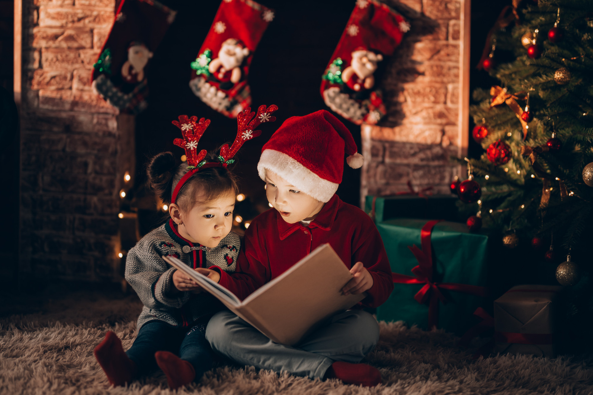 Brother and sister are sitting and reading a book. Christmas moo