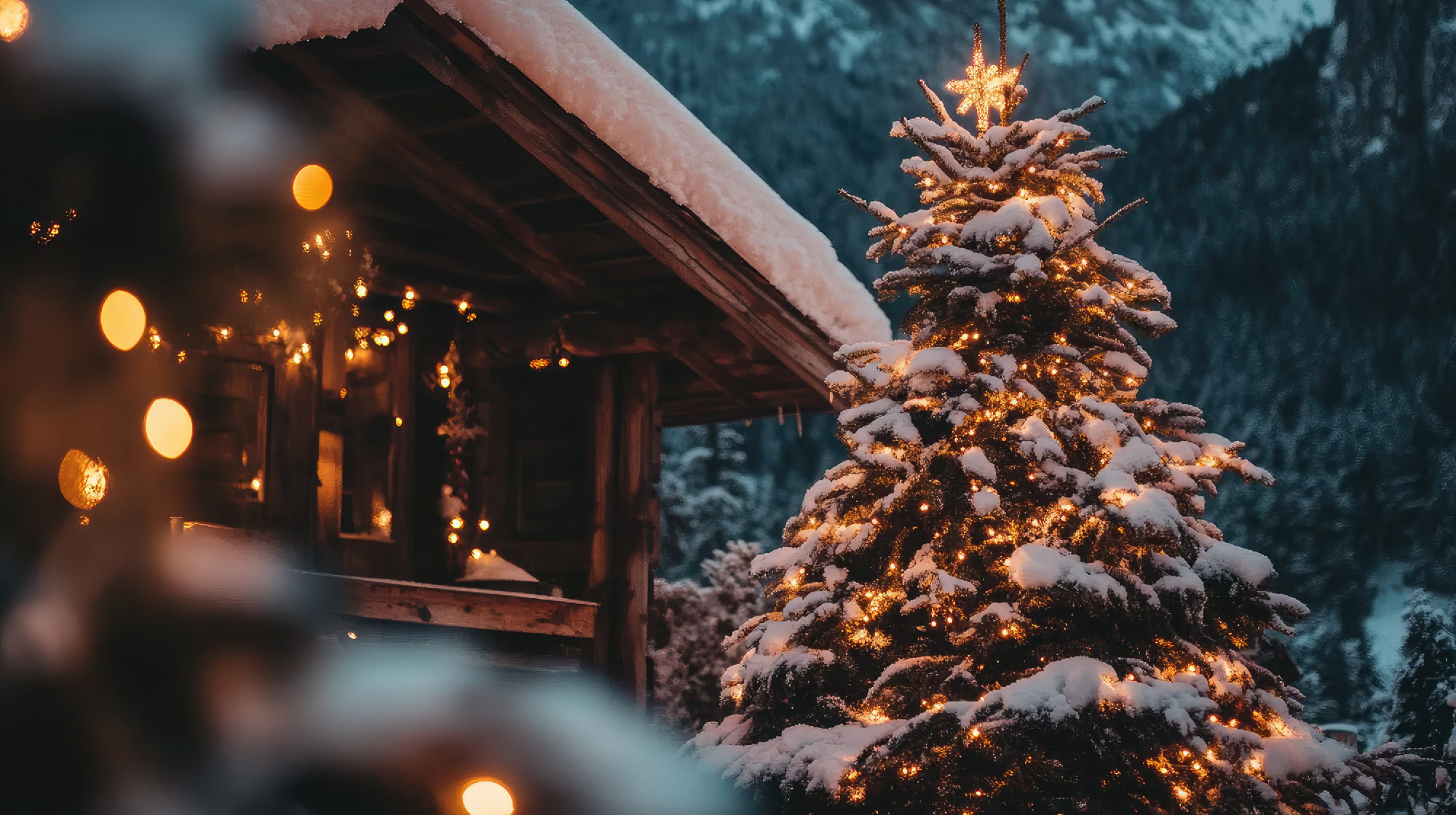 A Snow-Covered Christmas Tree Illuminated by Warm Lights Near a