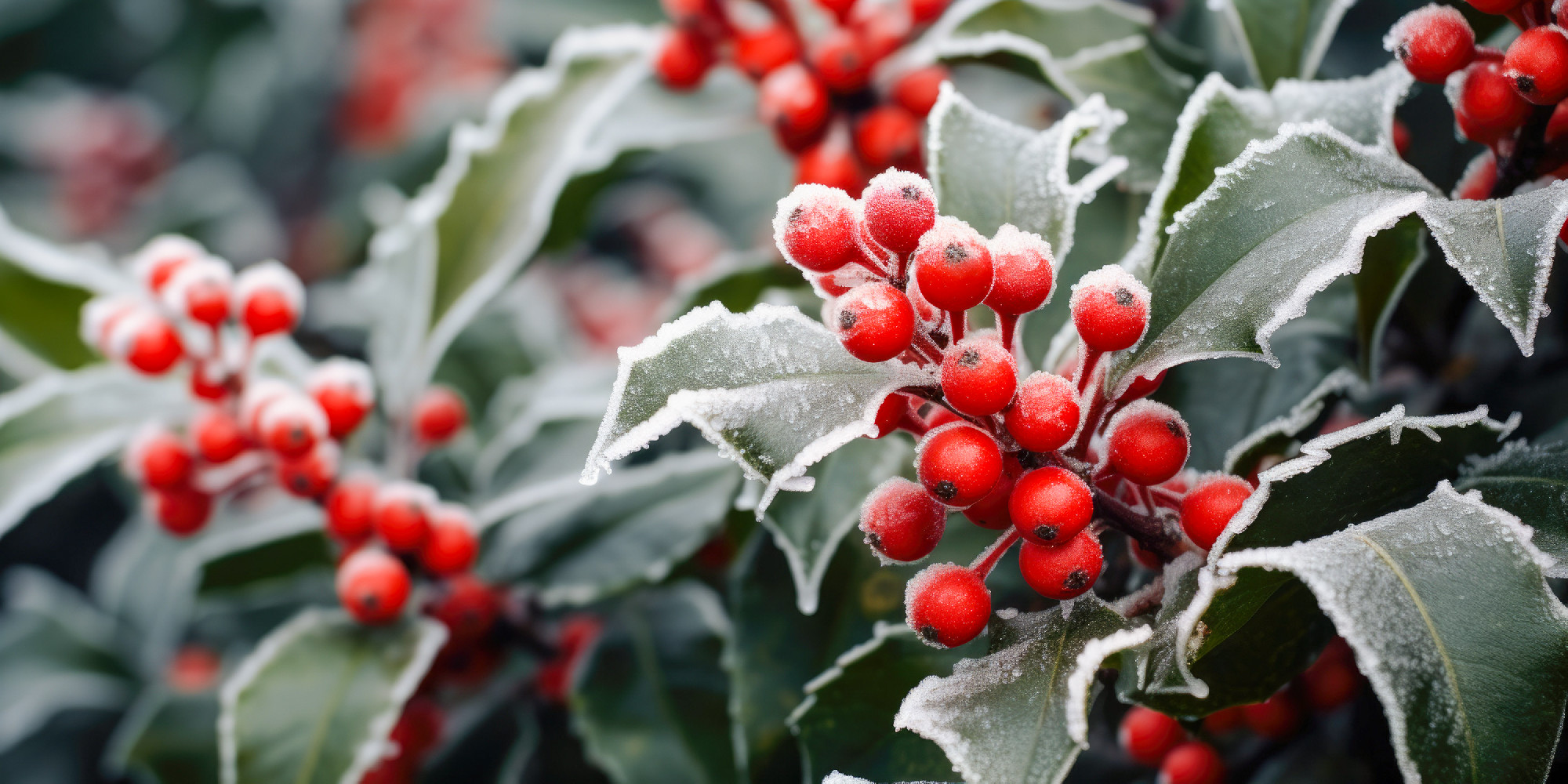 Holly bush with prickly leaves and red berries, covered with win