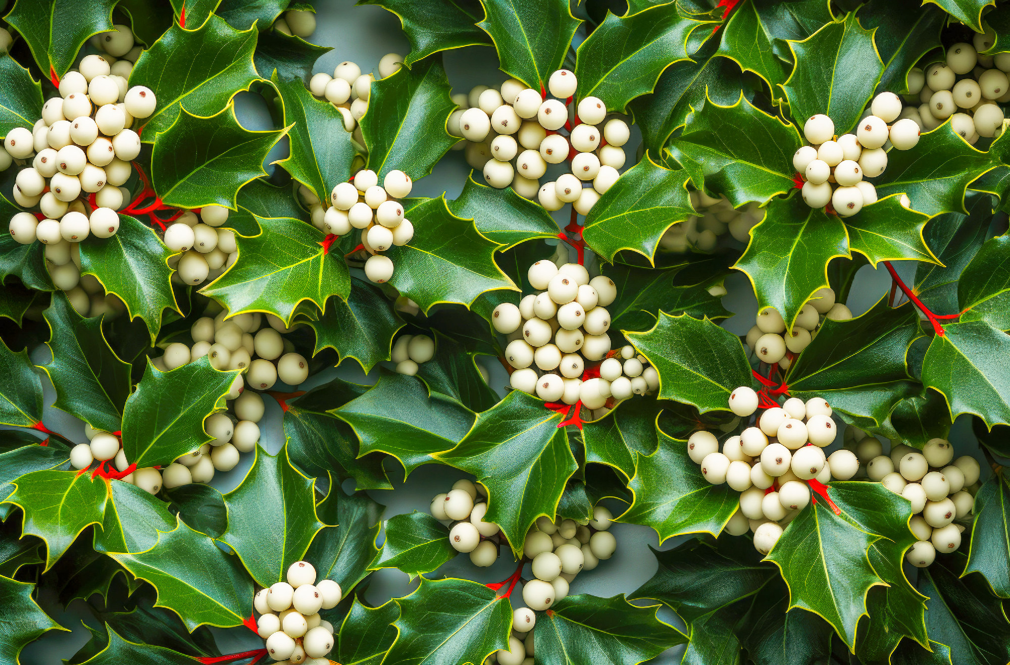 Christmas background with holly berries and leaves, closeup, top