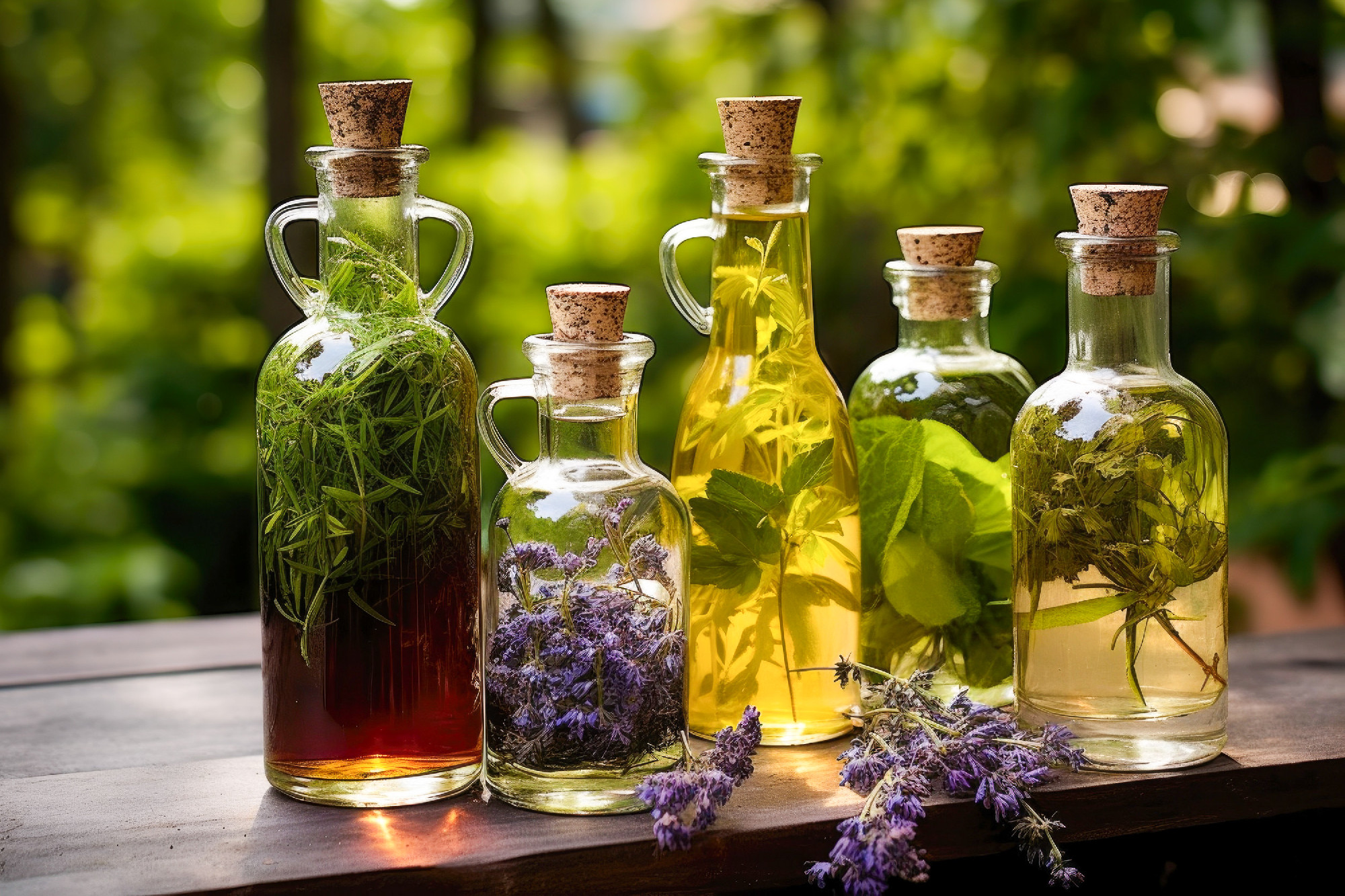 herb-infused oil bottles with fresh plants