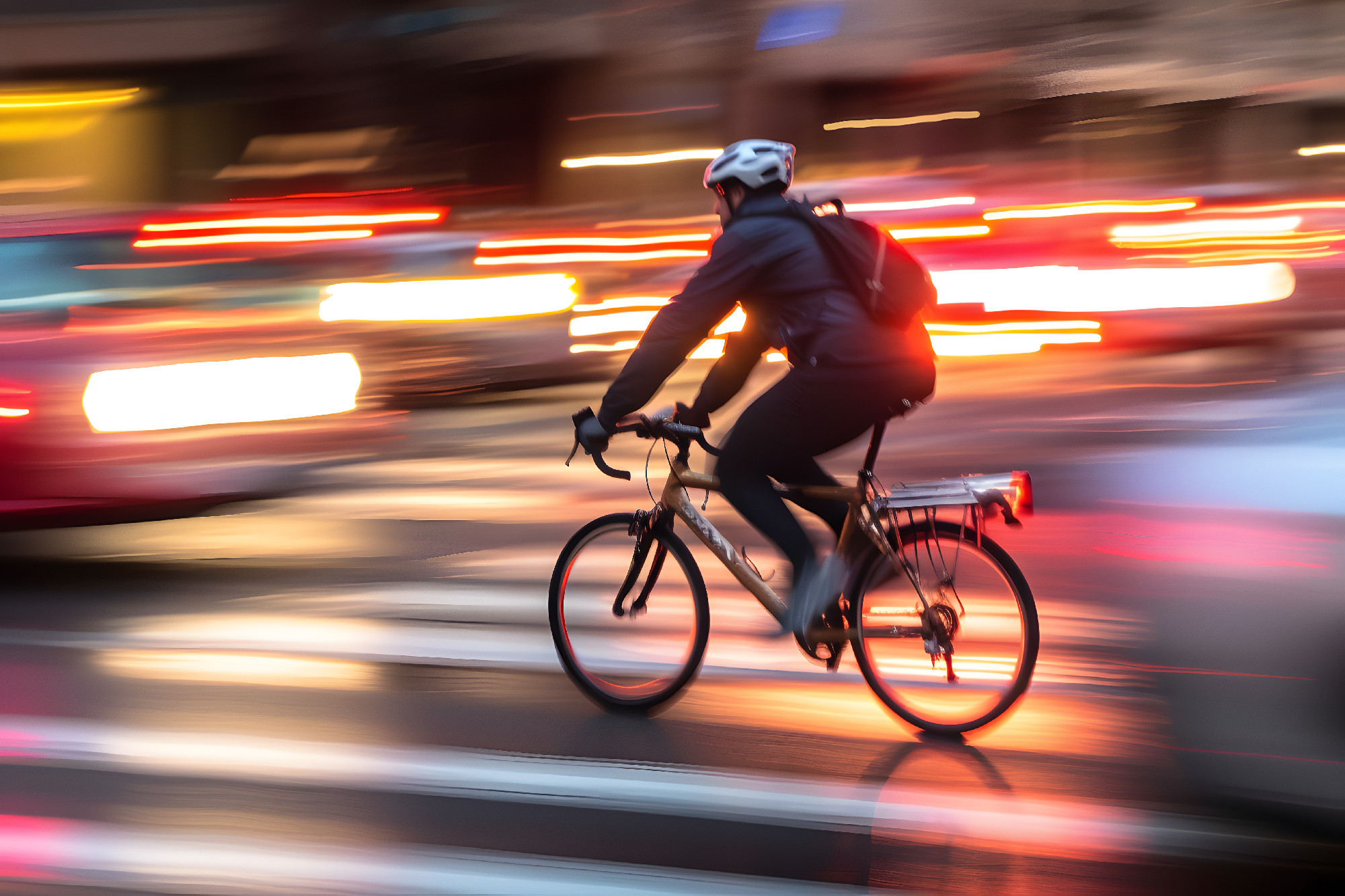Motion blur image of a city cyclist speeding through traffic, cr