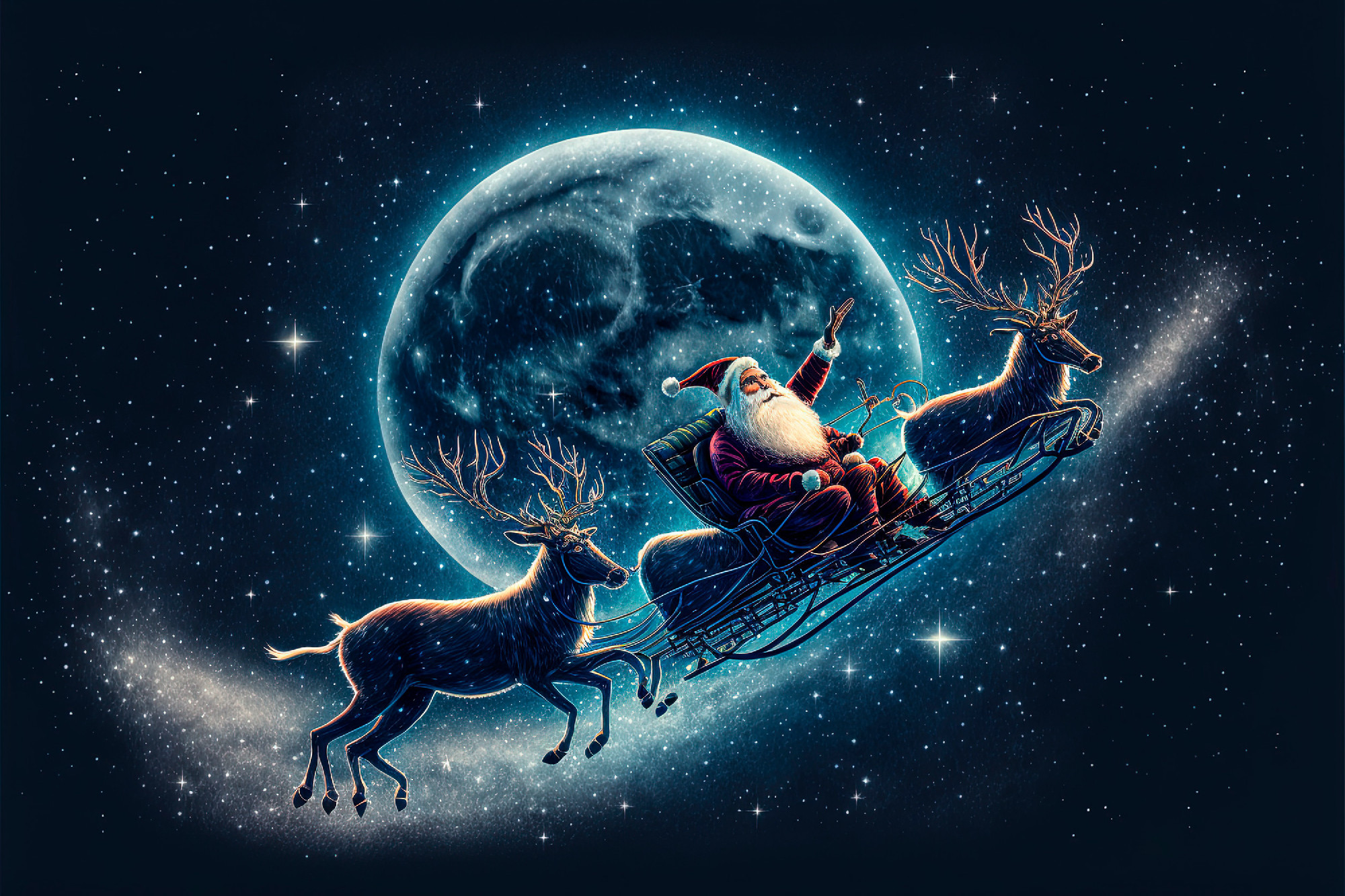 Santa Claus flying in sleigh with reindeers above night sky at c
