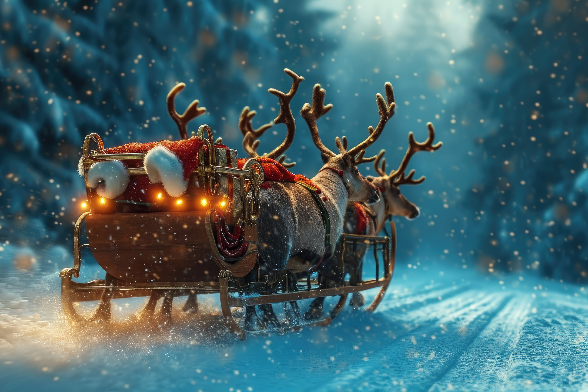A Santa Claus sleigh with reindeer riding through the snowy land