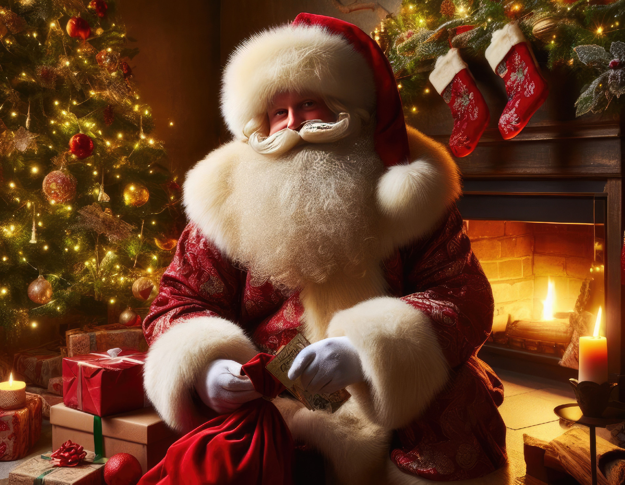 Santa Claus with gifts near the Christmas tree
